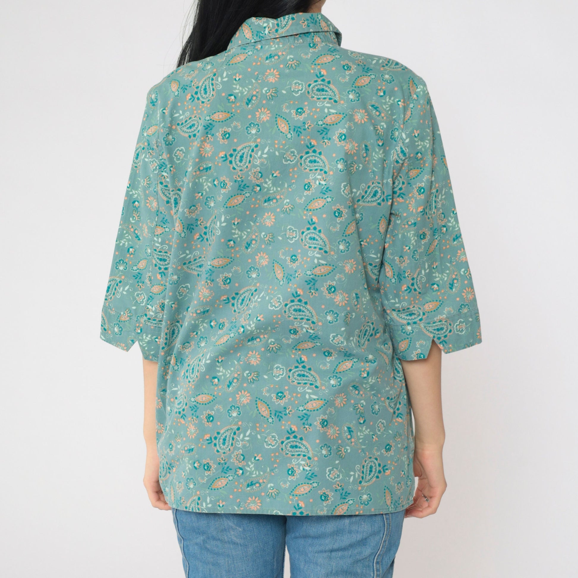 Y2K Green Orange Paisley Button-Up Blouse 3/4 Sleeve Collared Top Medium