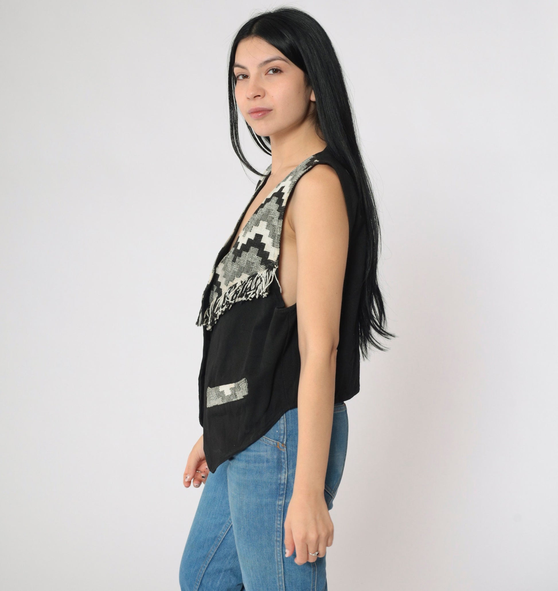 90s Southwestern Tapestry Vest Fringe Trim Black White Geometric Button Up Medium