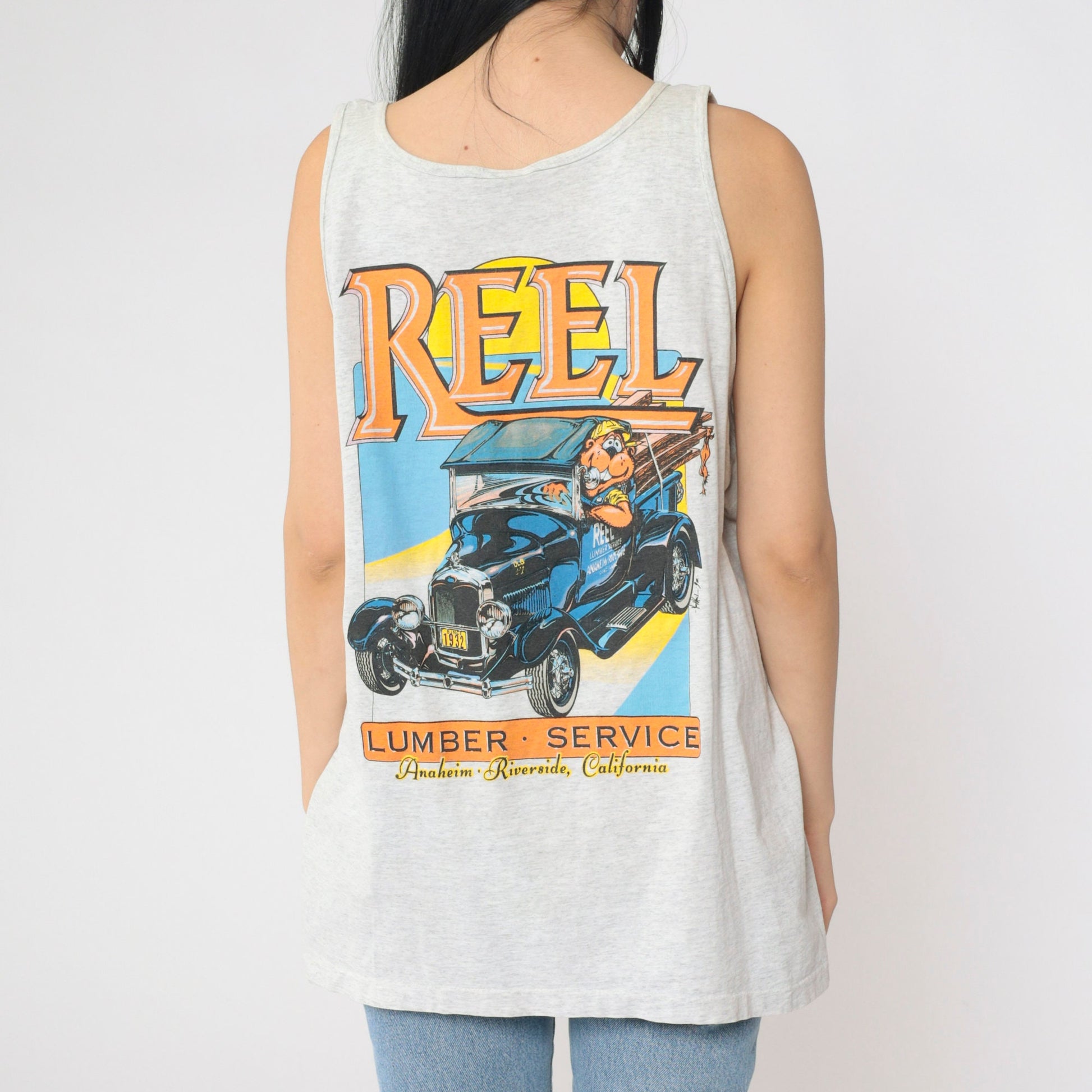 90s Reel Lumber Service Graphic Tank Top Beaver Cartoon Grey Extra Large XL