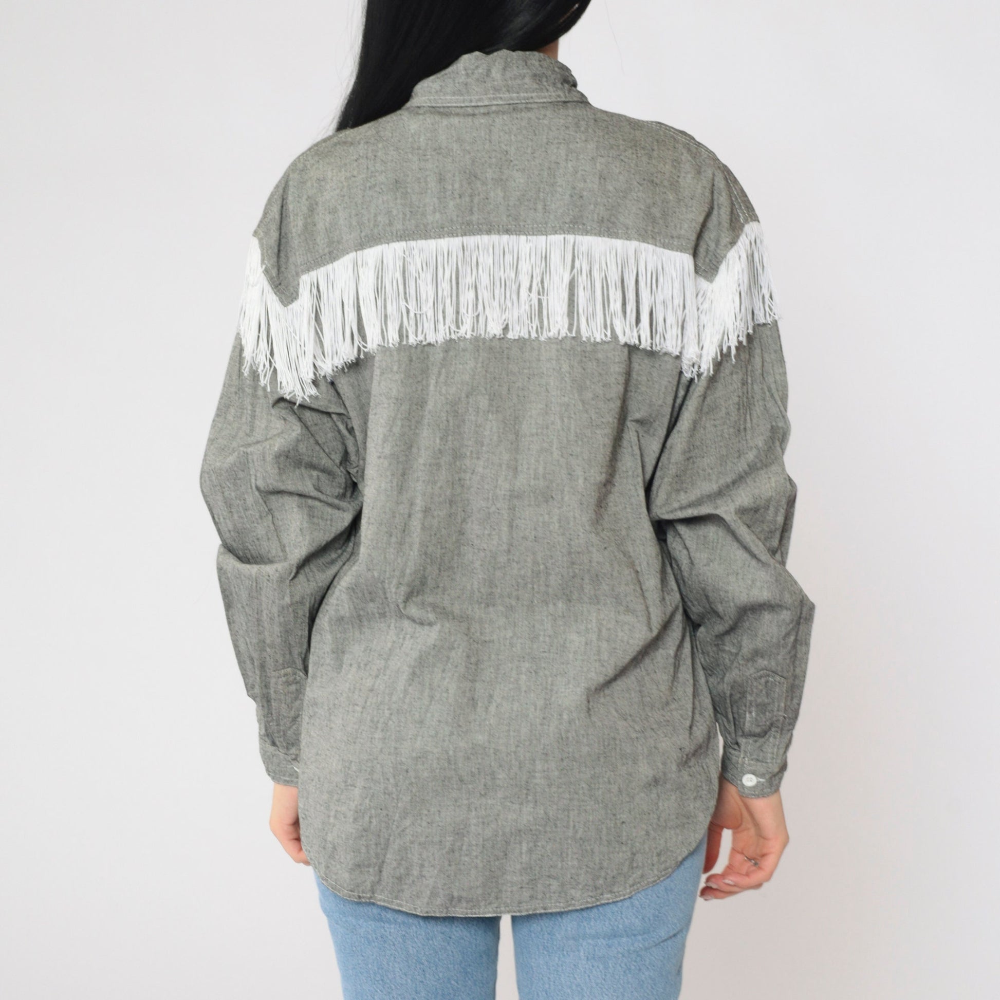 90s Lillie Rubin Western Fringe Shirt Grey Cotton Button-Up Large L