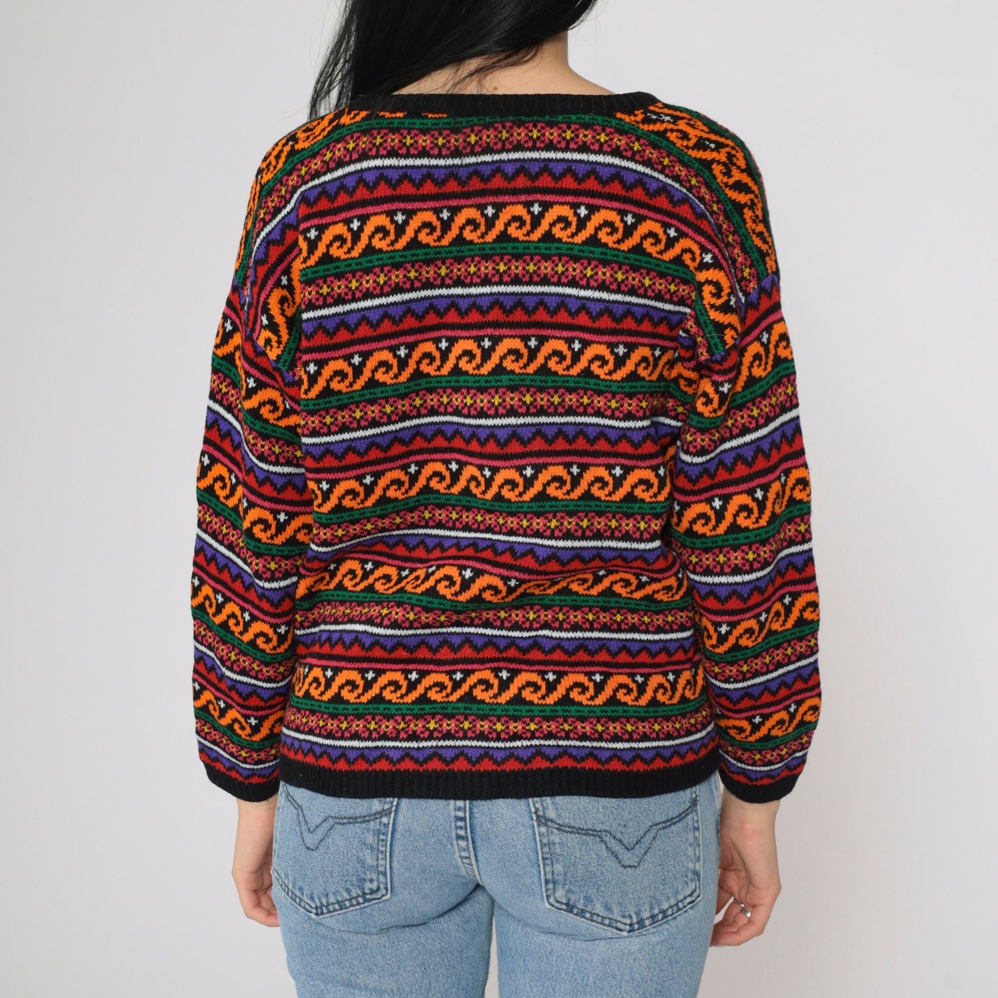 90s Geometric Floral Knit Sweater Black Orange V-Neck Pullover Medium M