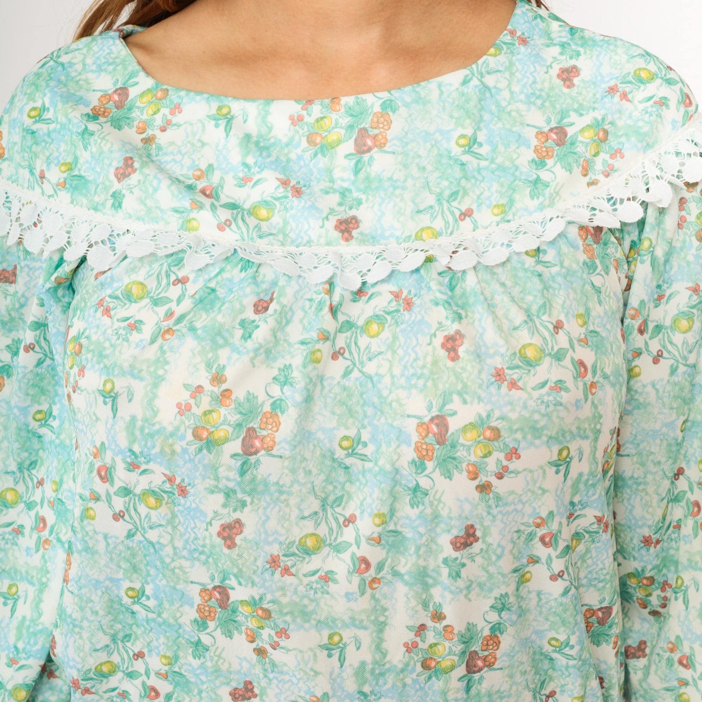70s Peasant Blouse Fruit Print Crop Top Blue Green 3/4 Sleeve Extra Small