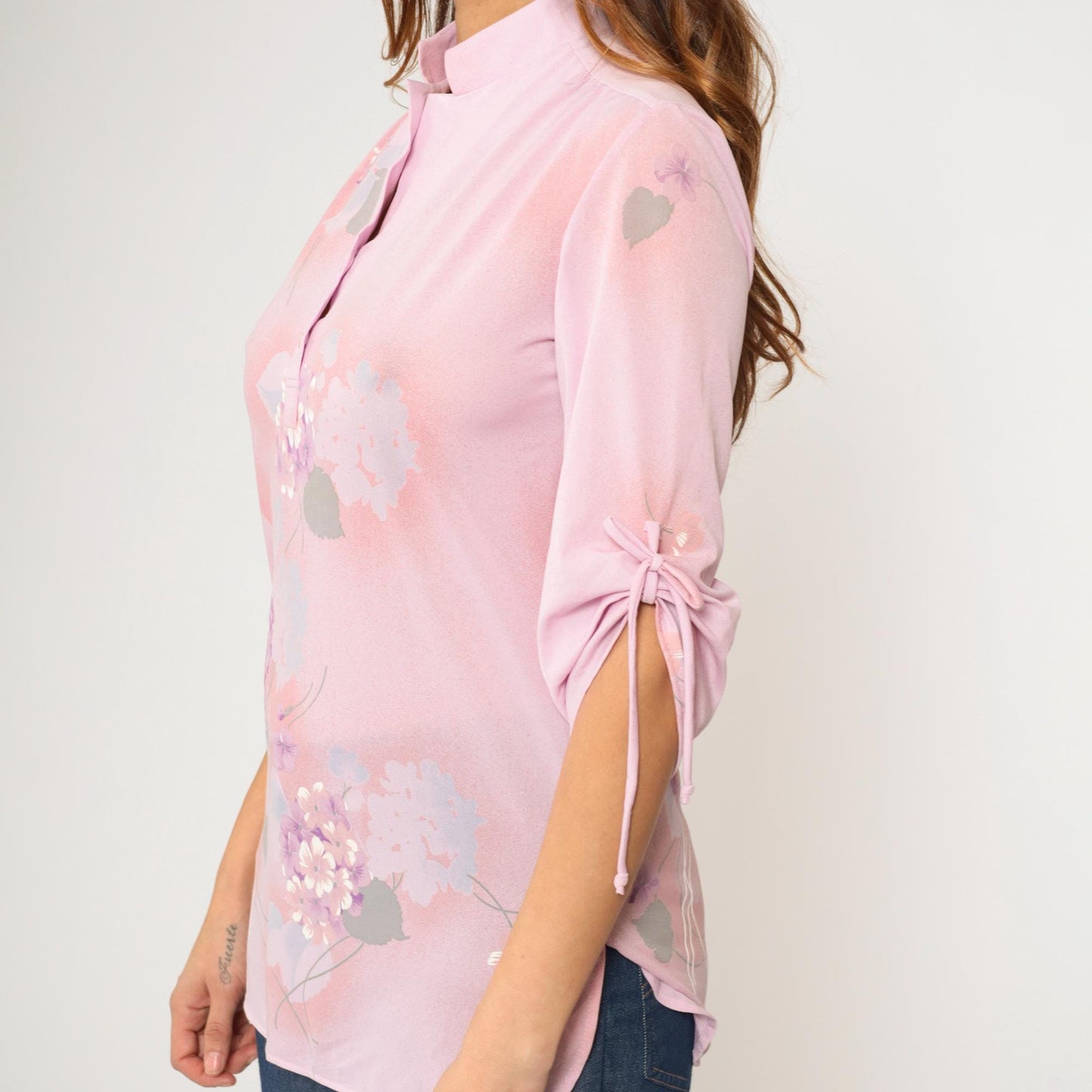 70s Lavender Pink Floral Mandarin Collar Blouse Tunic Small S