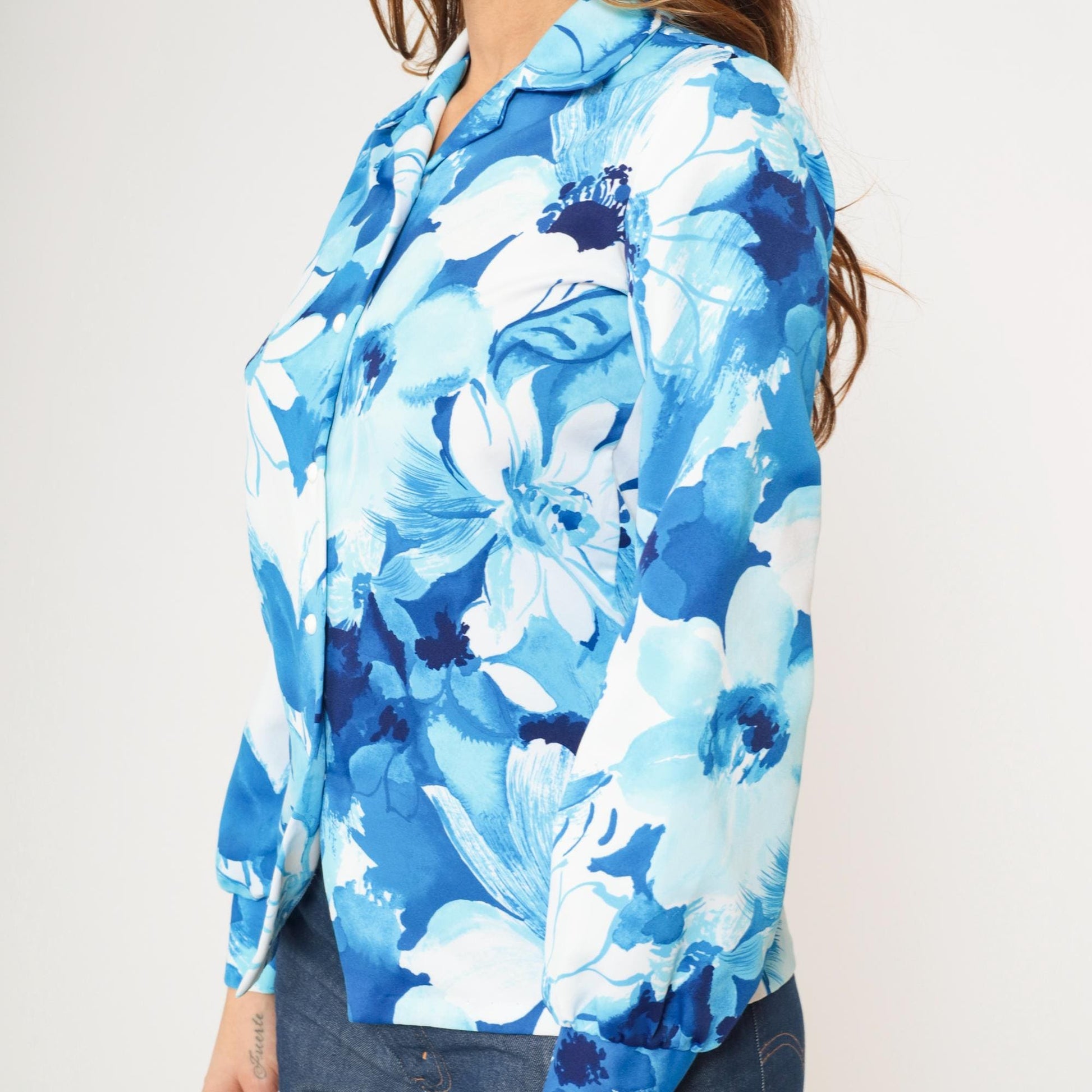70s Kamehameha Floral Button-Up Blouse Blue White Long Sleeve Small