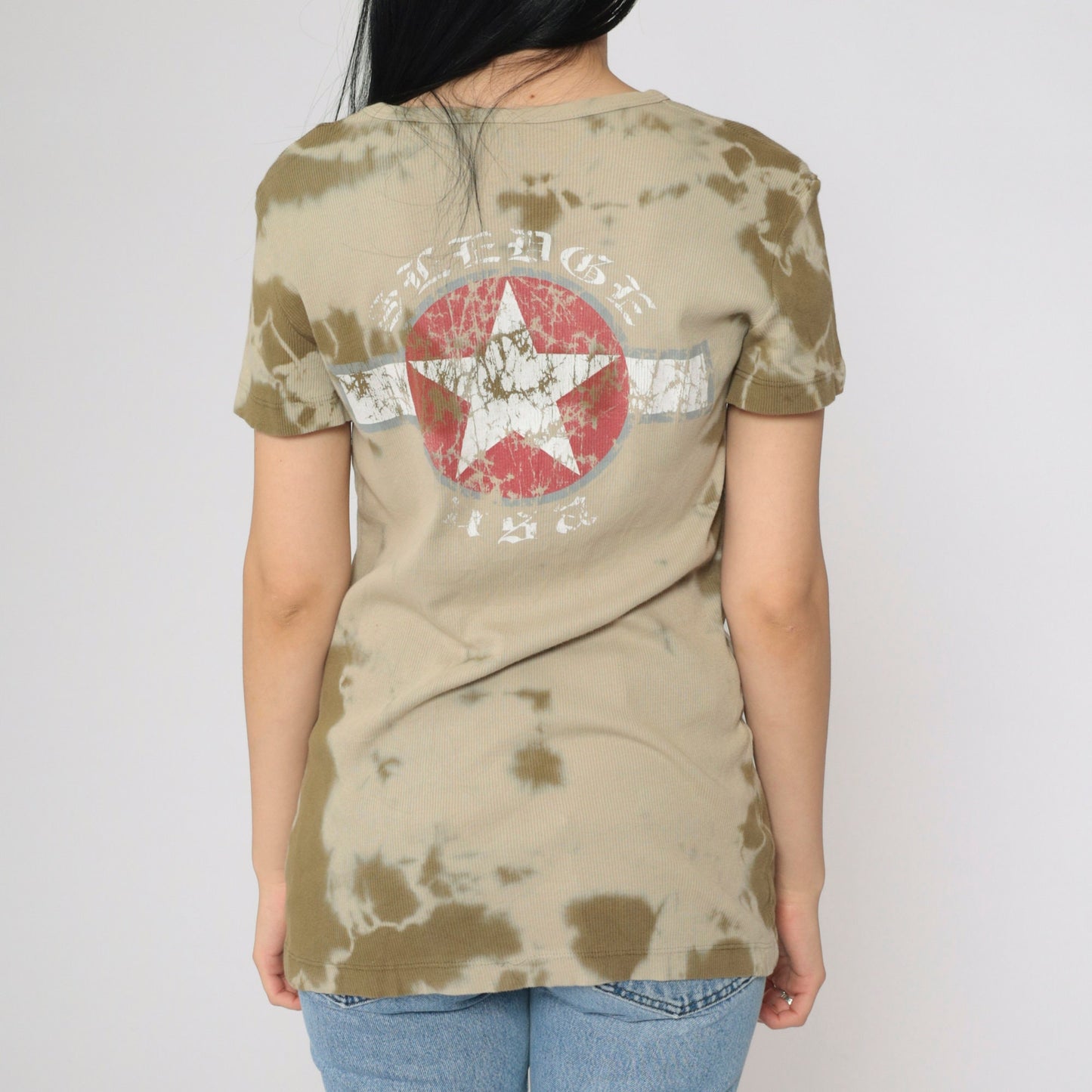 Y2K Sledge USA Star Emblem Tie-Dye Graphic Tee Olive Khaki Large L