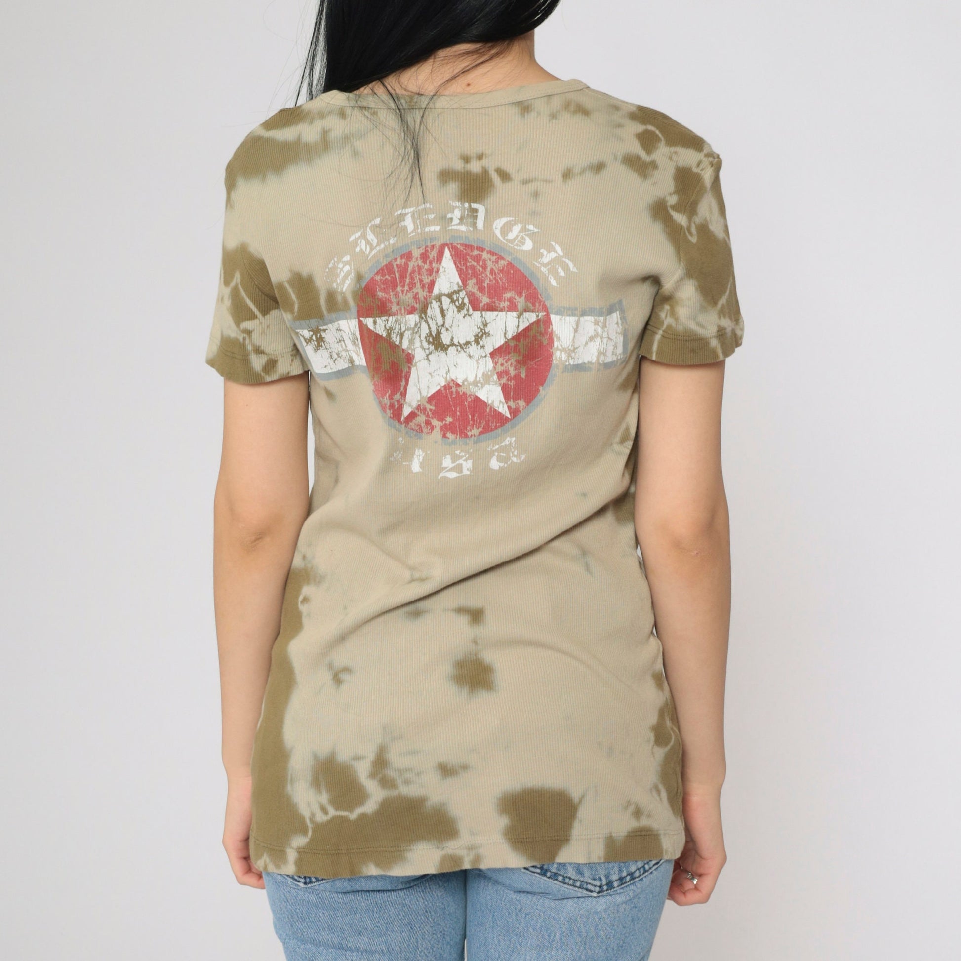Y2K Sledge USA Star Emblem Tie-Dye Graphic Tee Olive Khaki Large L