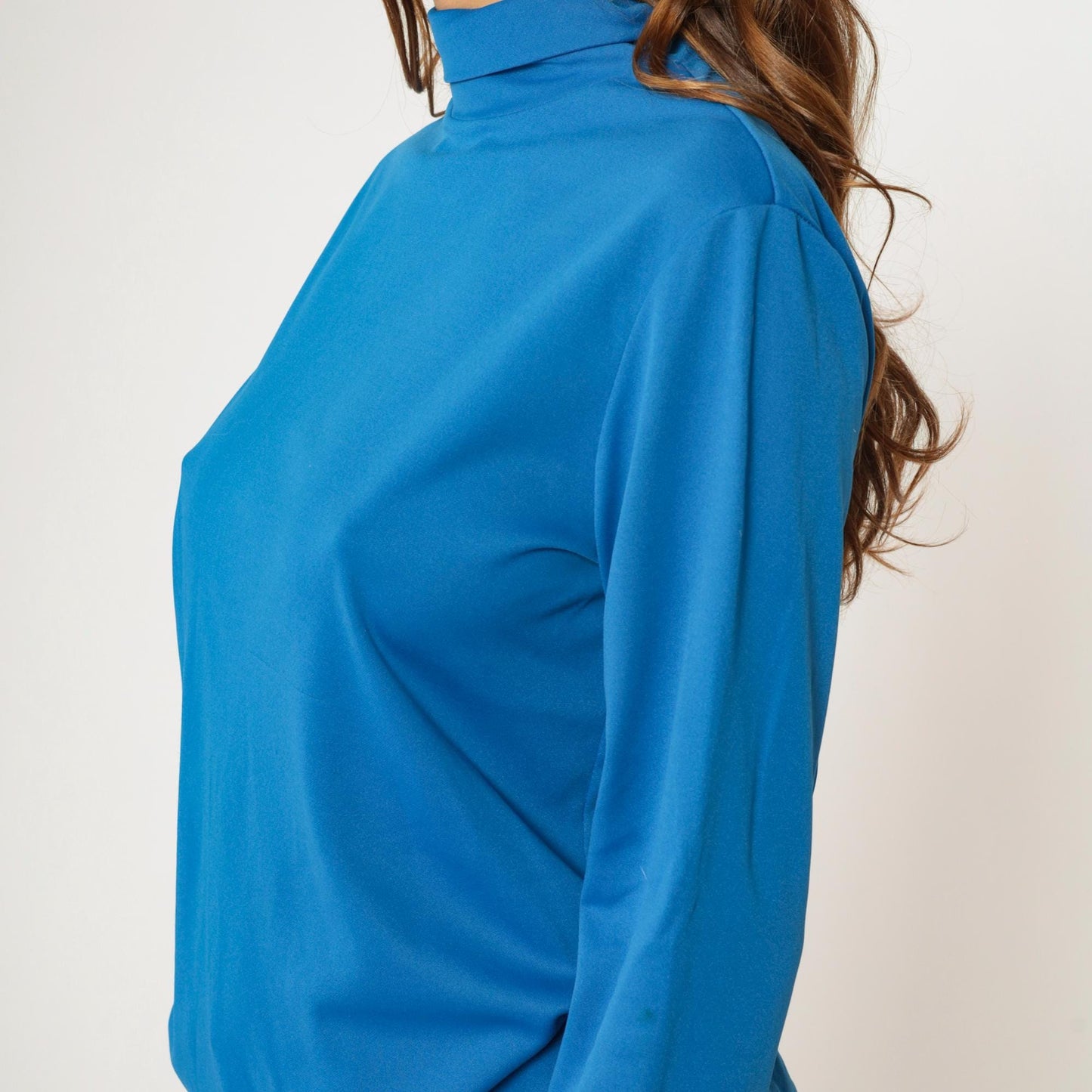 70s Bright Blue Turtleneck Long Sleeve Polyester Shirt Medium