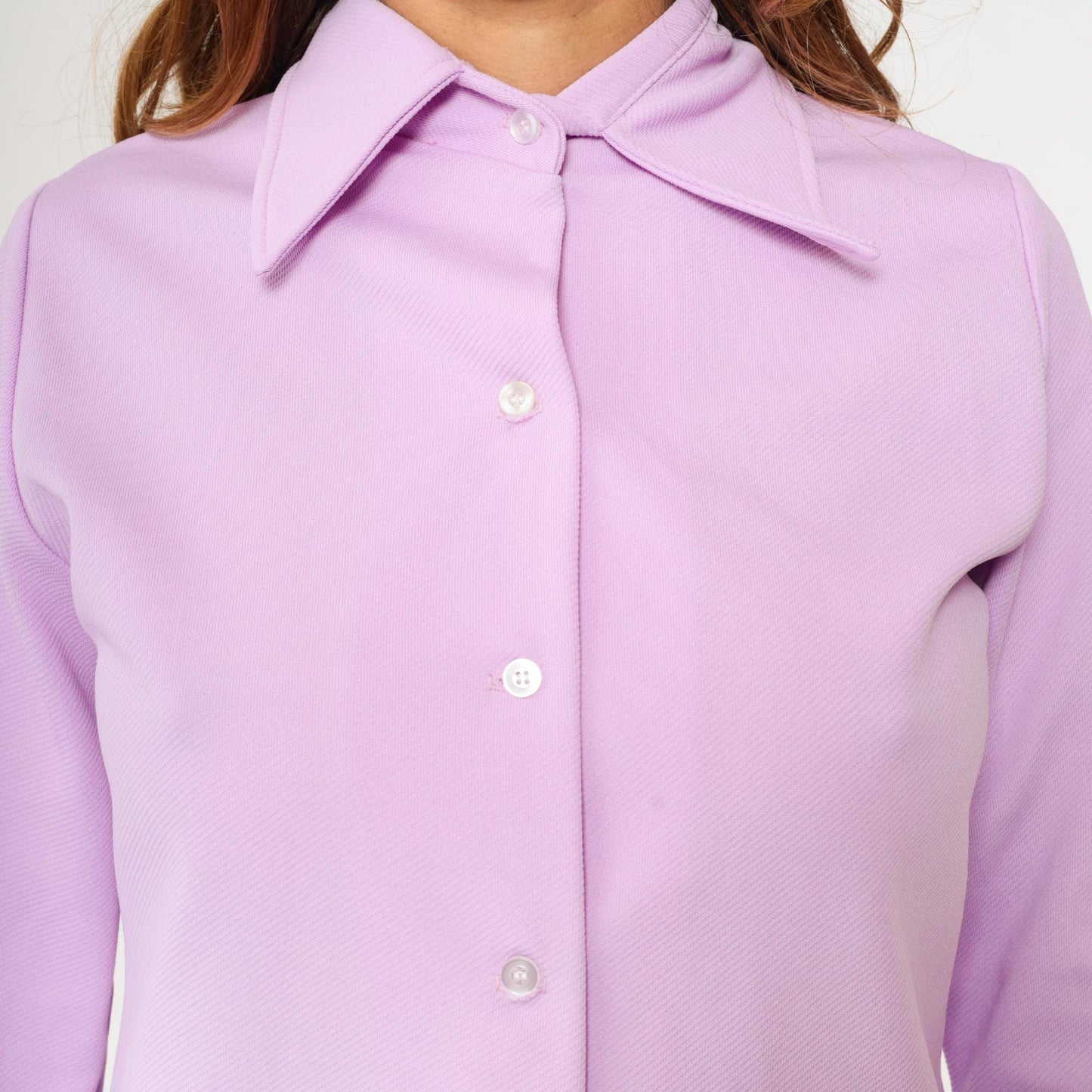70s Lavender Button Up Blouse Dagger Collar Long Sleeve Shirt Medium