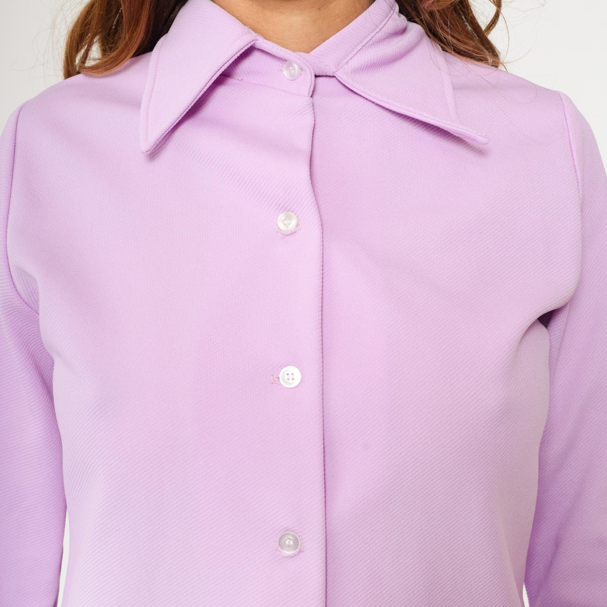 70s Lavender Button Up Blouse Dagger Collar Long Sleeve Shirt Medium
