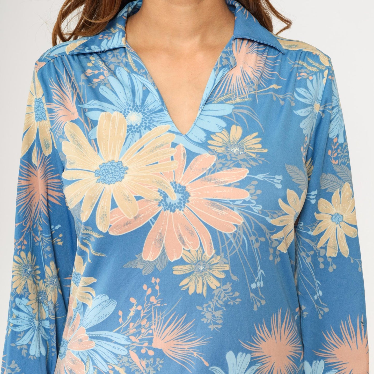 70s Floral Shirt Blue Flower Print V-Neck Pointed Collar Long Sleeve Medium
