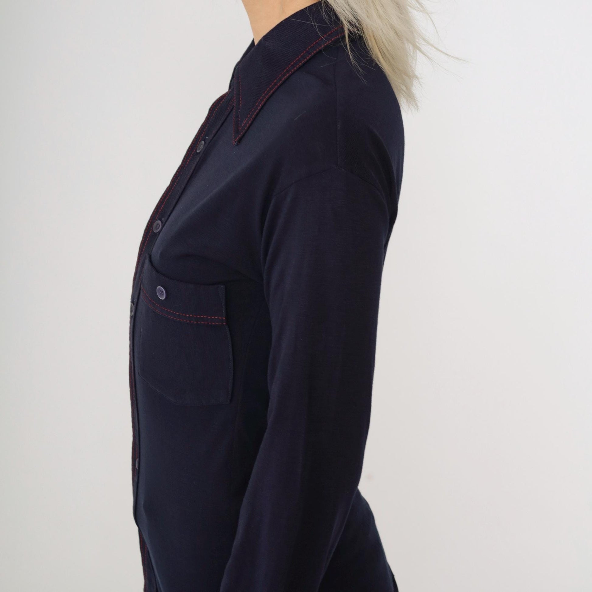 70s Navy Button-Up Shirt Dagger Collar Topstitch Red Accent Extra Small