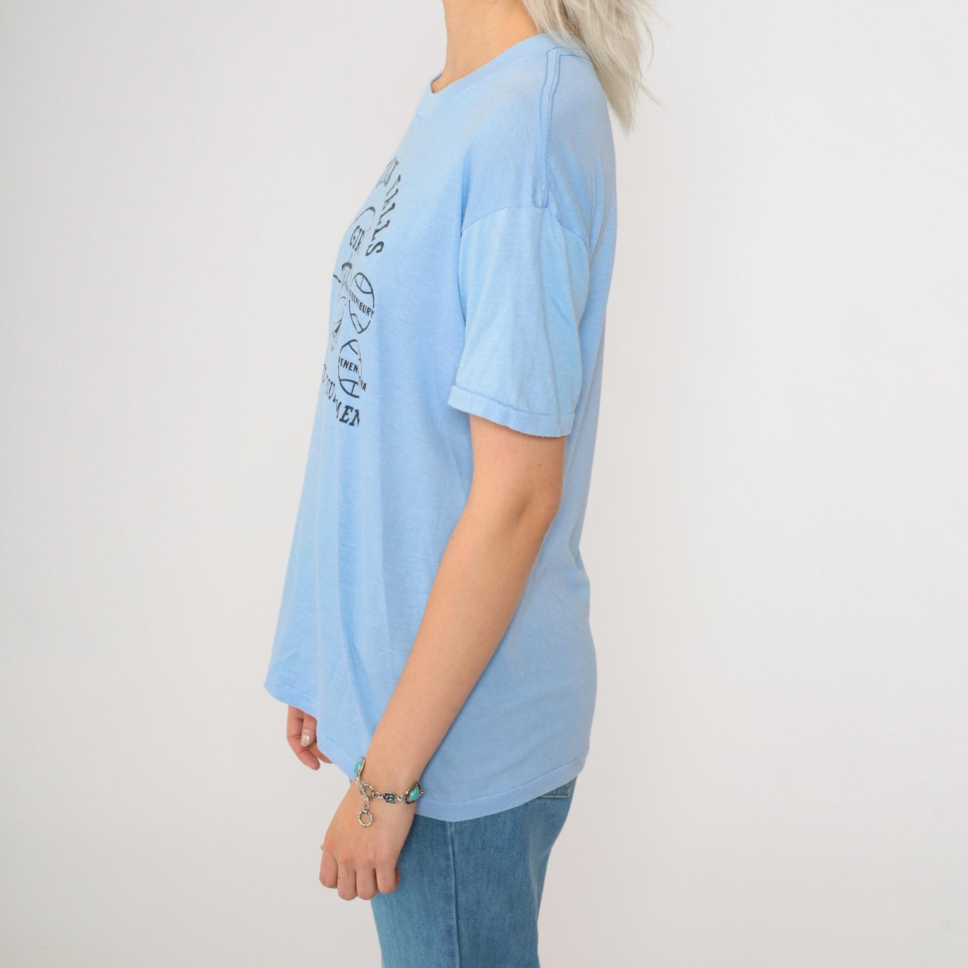 80s Hoosick Falls Girls Invitational Basketball Tournament Tee Light Blue Small