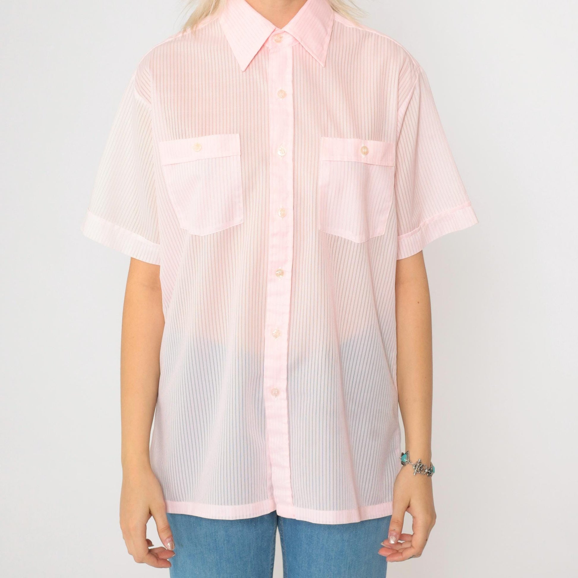 70s Sea-Aire Baby Pink Striped Button-Up Shirt Short Sleeve Men's Medium