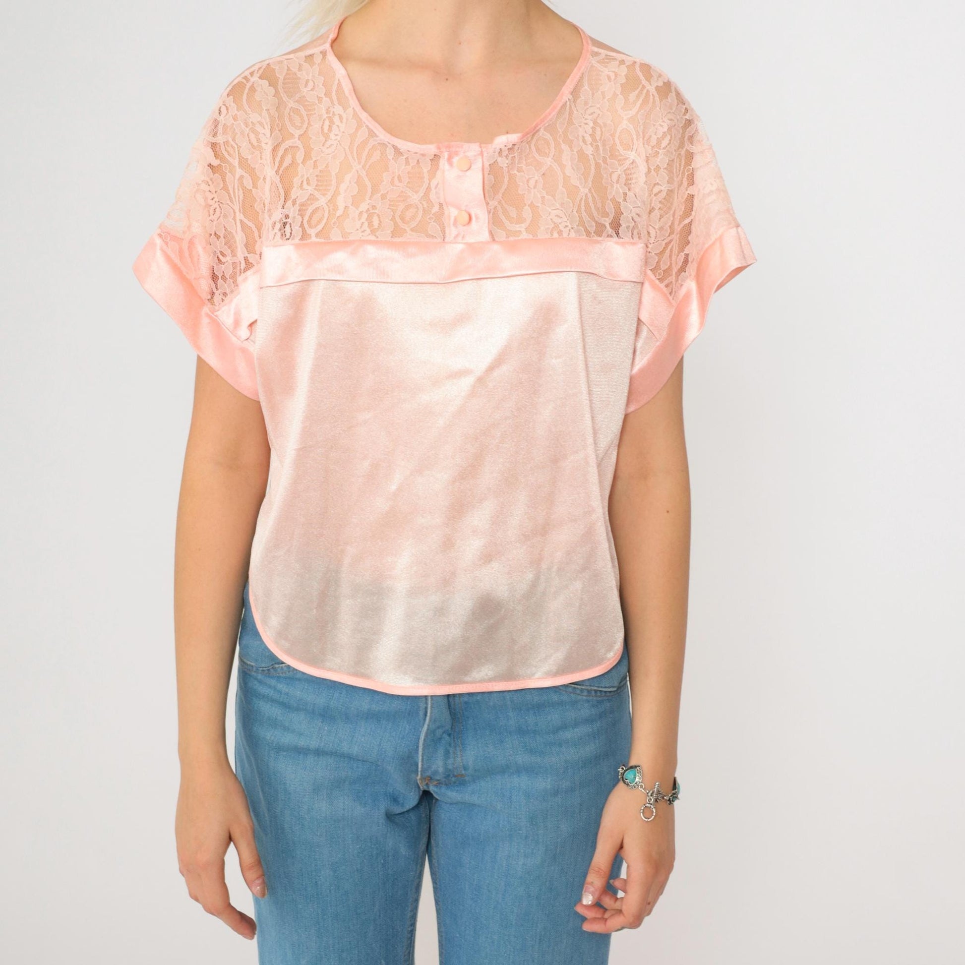 80s Baby Pink Nylon Lingerie Pajama Top Lace Button-Up Sleep Shirt Medium
