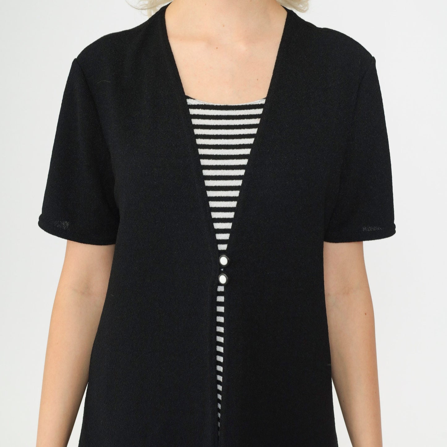 90s Black Striped Knit Dress Button Front V-Neck Short Sleeve Medium