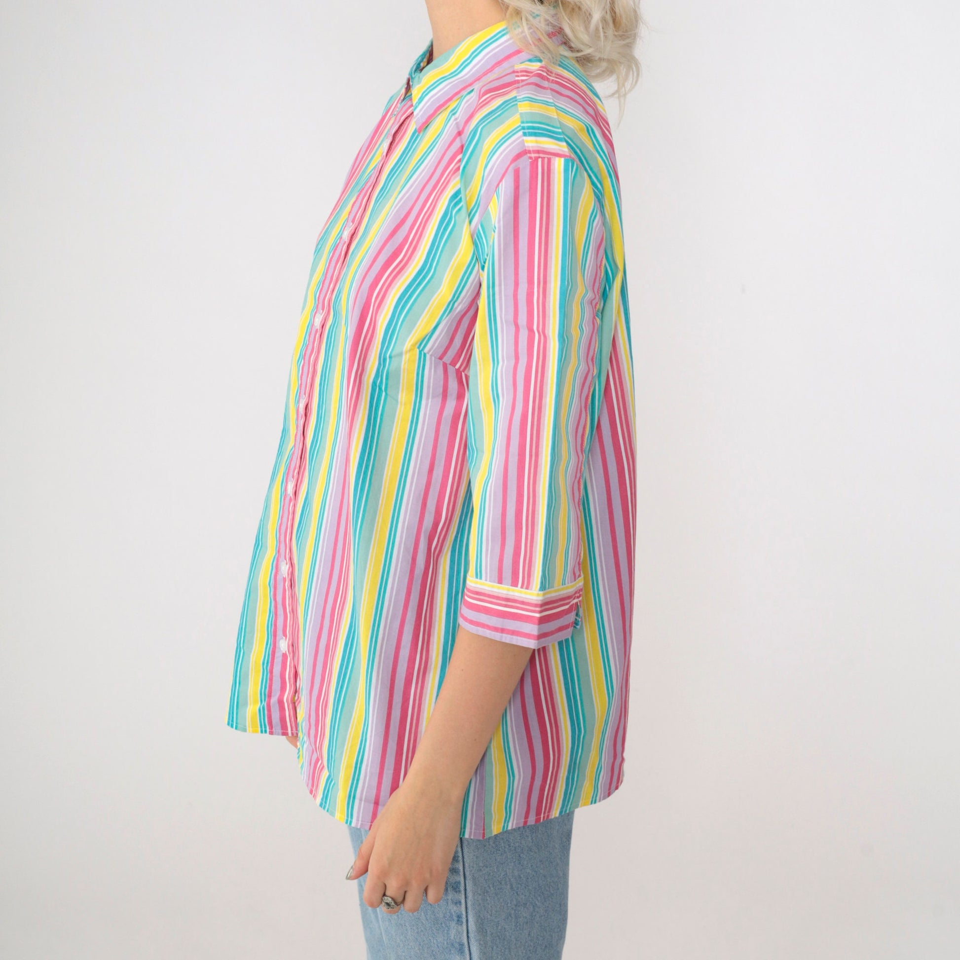 00s Striped Button Up Blouse Multicolor Rainbow Y2K Shirt Medium