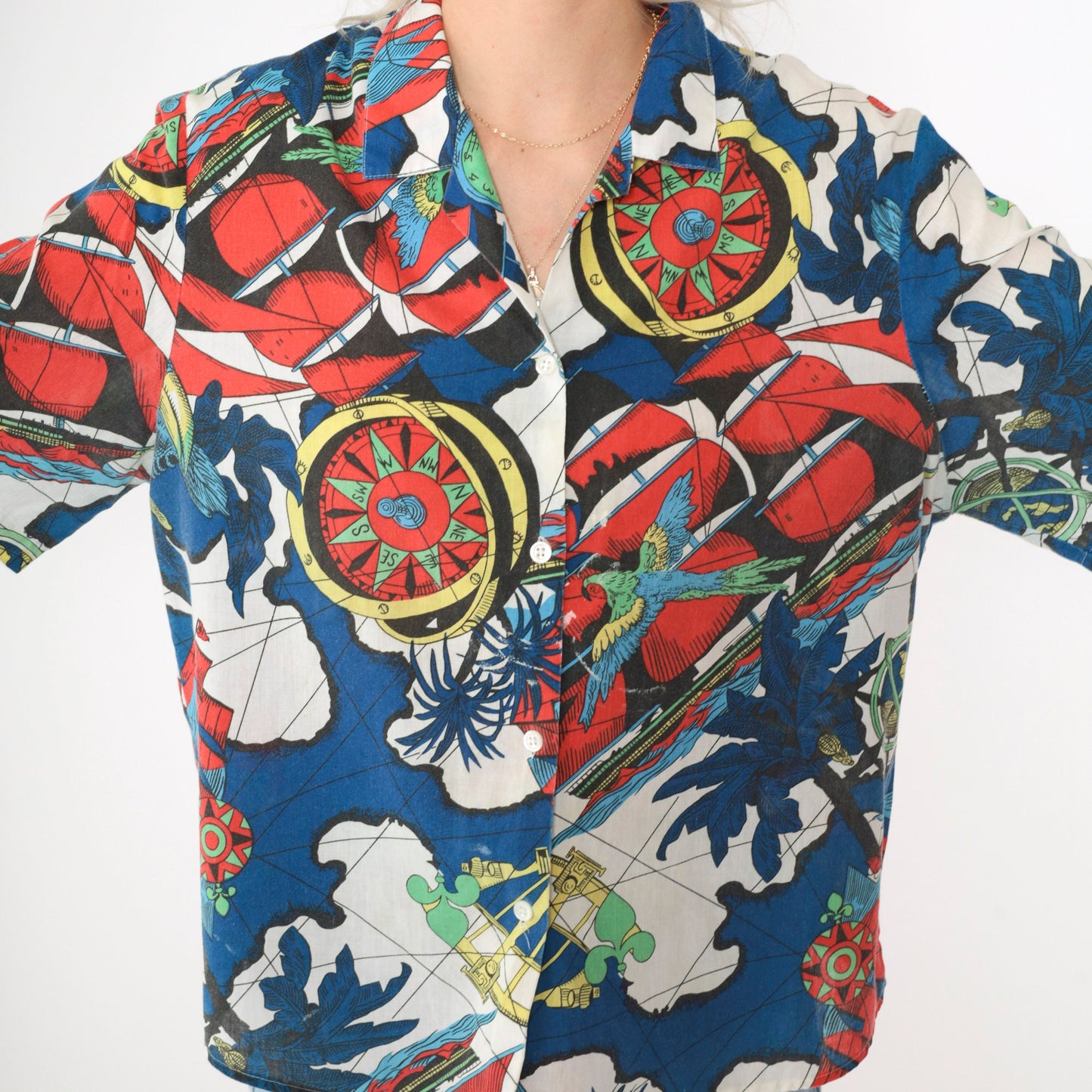 90s Nautical Print Button-Up Shirt Compass Parrot Globe Map Short Sleeve Large