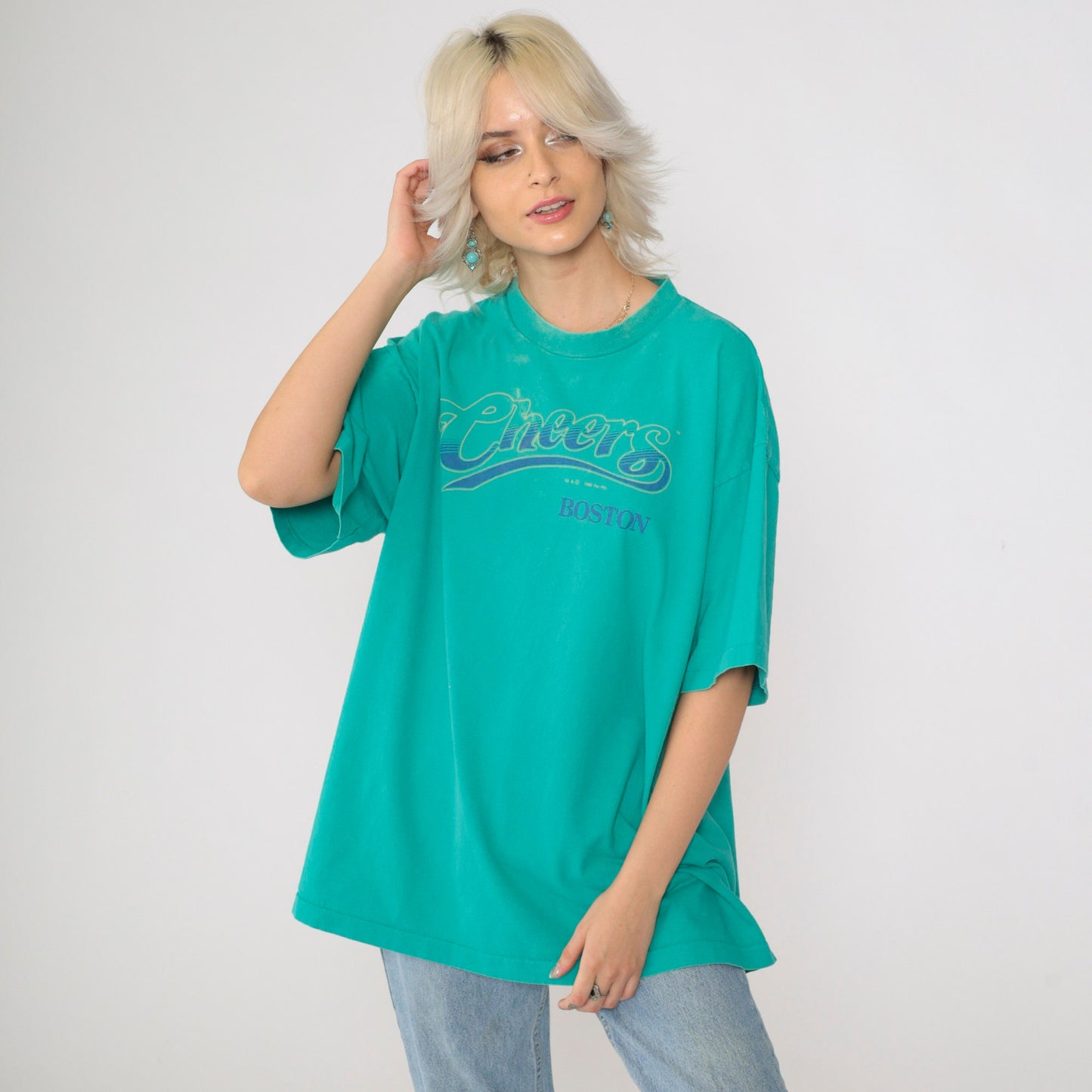 90s Cheers Boston Graphic T-Shirt Turquoise Green Single Stitch Extra Extra Large XXL