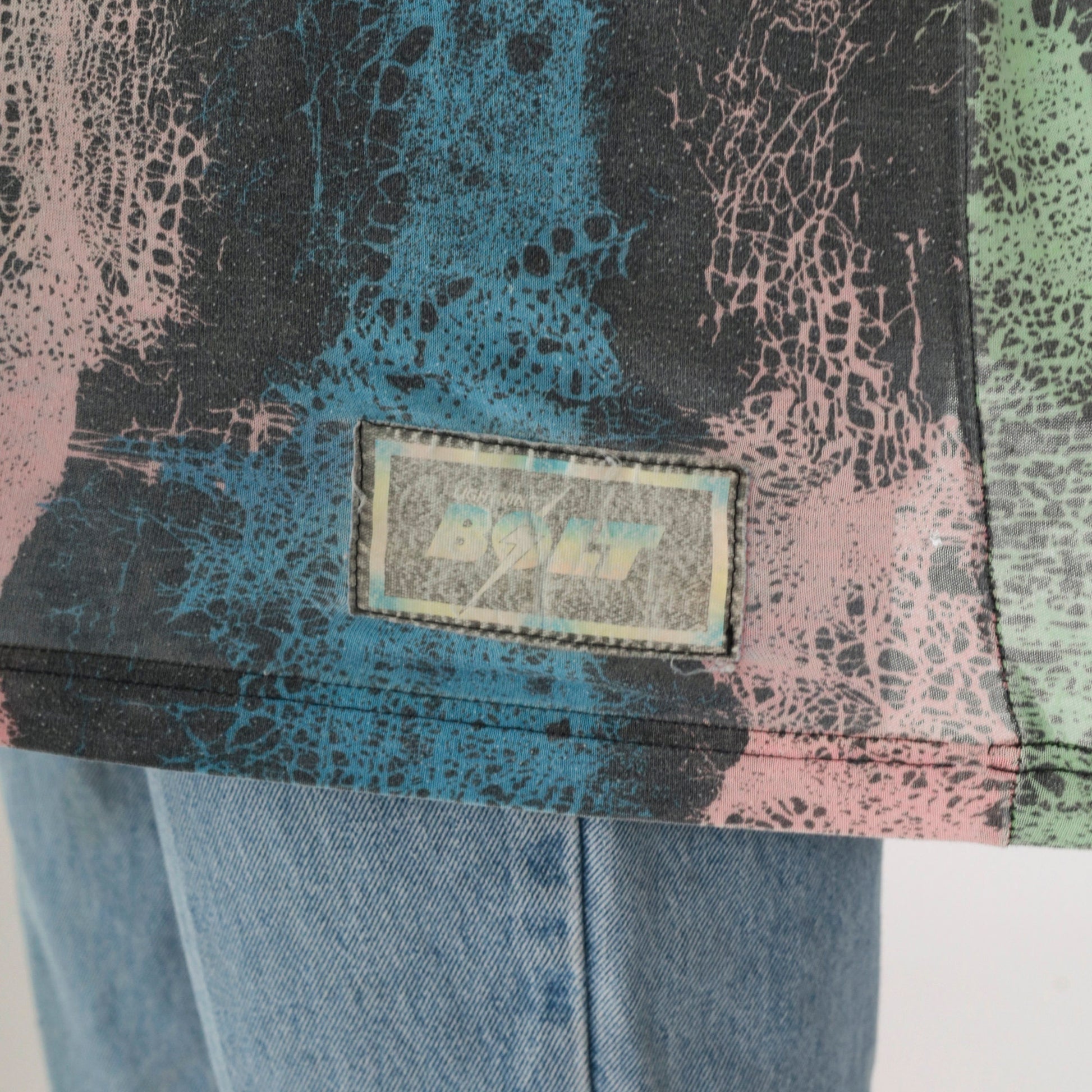 90s Lightning Bolt Abstract Crackle Stripe T-Shirt Pastel Crew Neck Medium