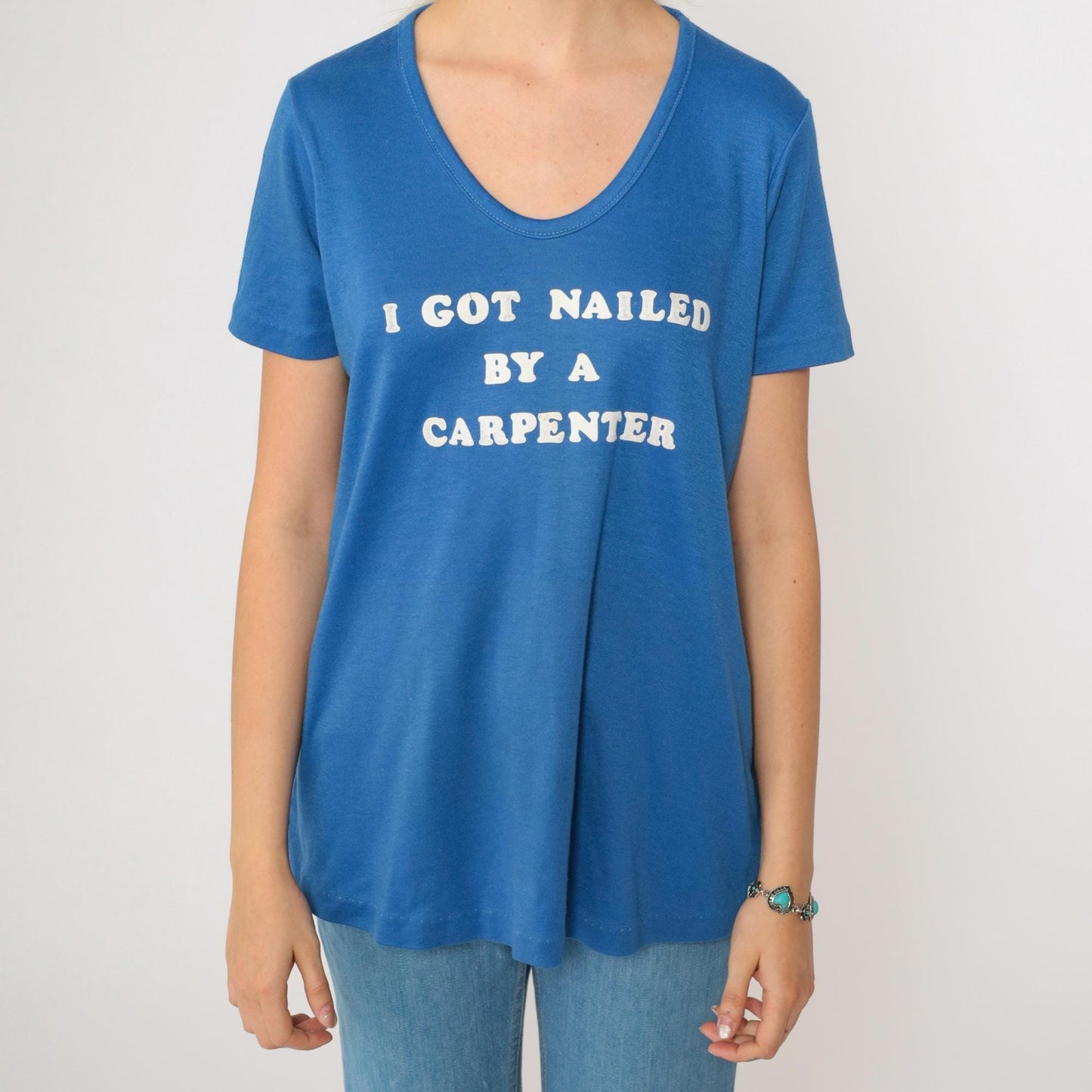 80s Maternity Graphic T-Shirt I Got Nailed By A Carpenter Blue Medium
