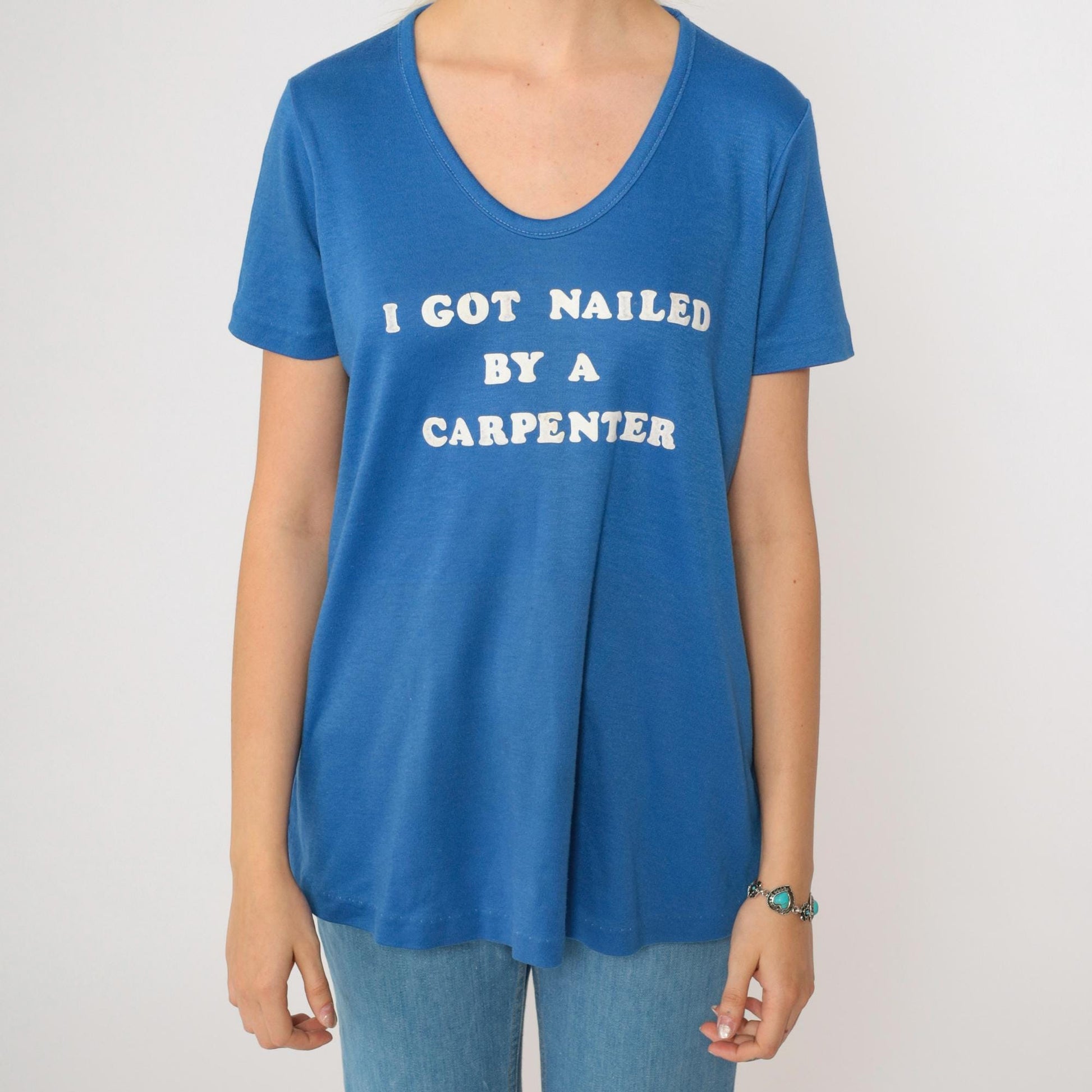 80s Maternity Graphic T-Shirt I Got Nailed By A Carpenter Blue Medium