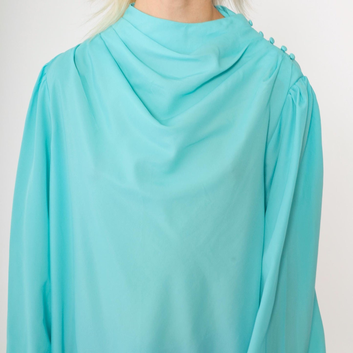 70s Diane Von Furstenberg Cowl Neck Blouse Aqua Blue Long Sleeve Medium
