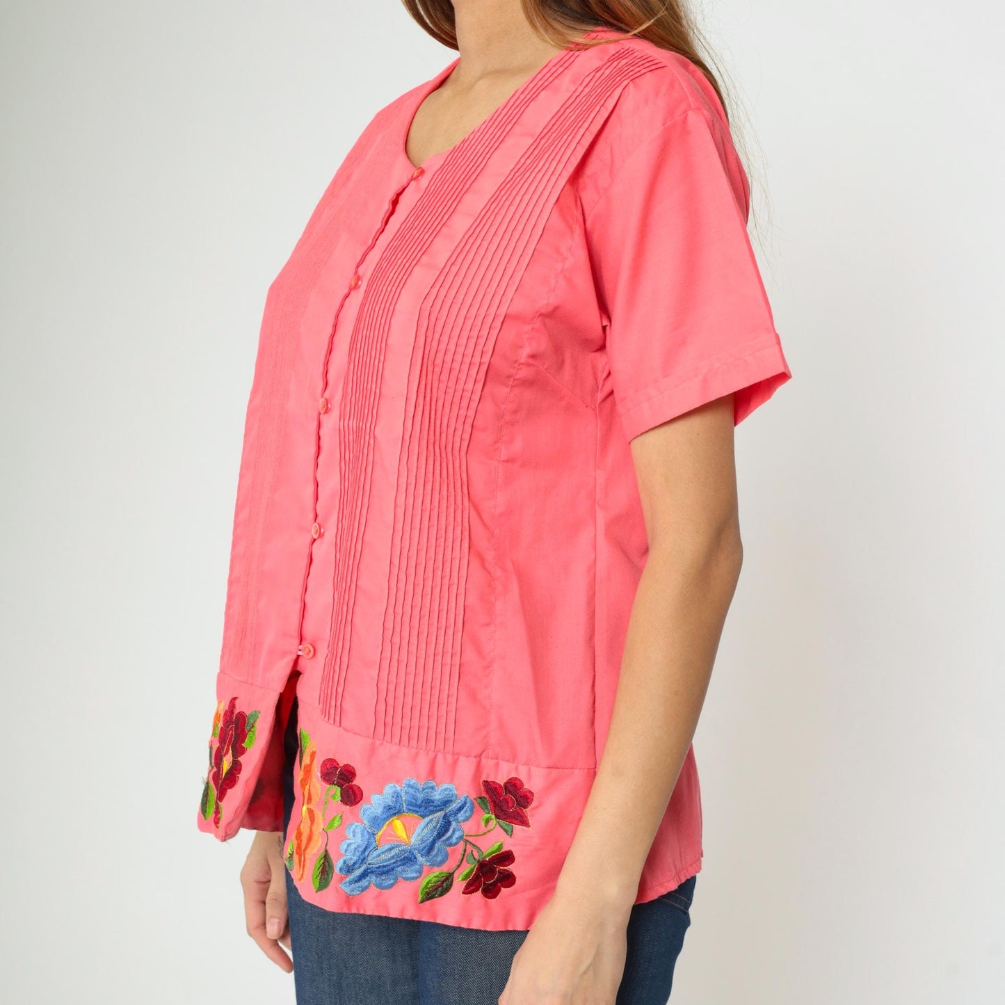 90s Pink Floral Embroidered Button-Up Blouse Pintuck Short Sleeve Medium