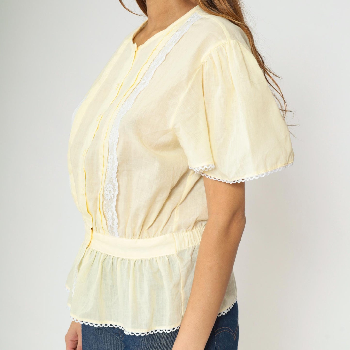 80s Pastel Yellow Puff Sleeve Blouse Lace Trim Peplum Button Up Medium