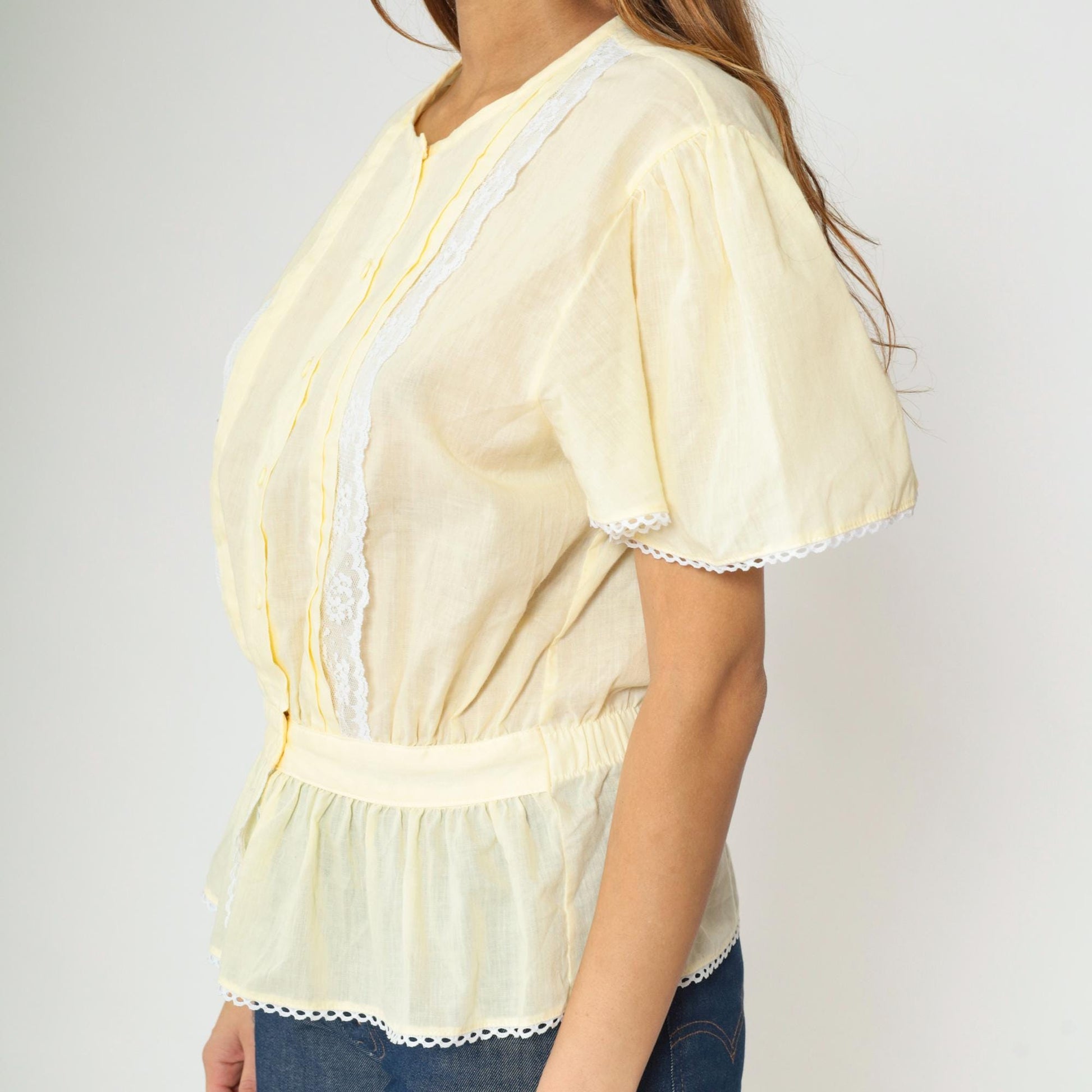 80s Pastel Yellow Puff Sleeve Blouse Lace Trim Peplum Button Up Medium
