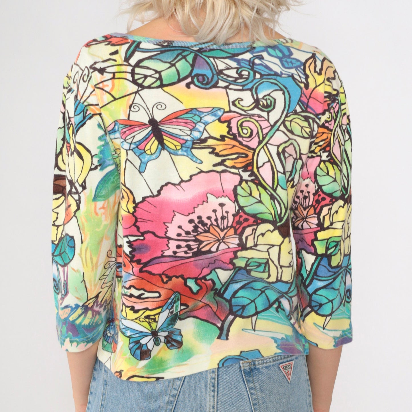 90s Sequin Butterfly Floral Blouse Multicolor Print Scoop Neck Small S