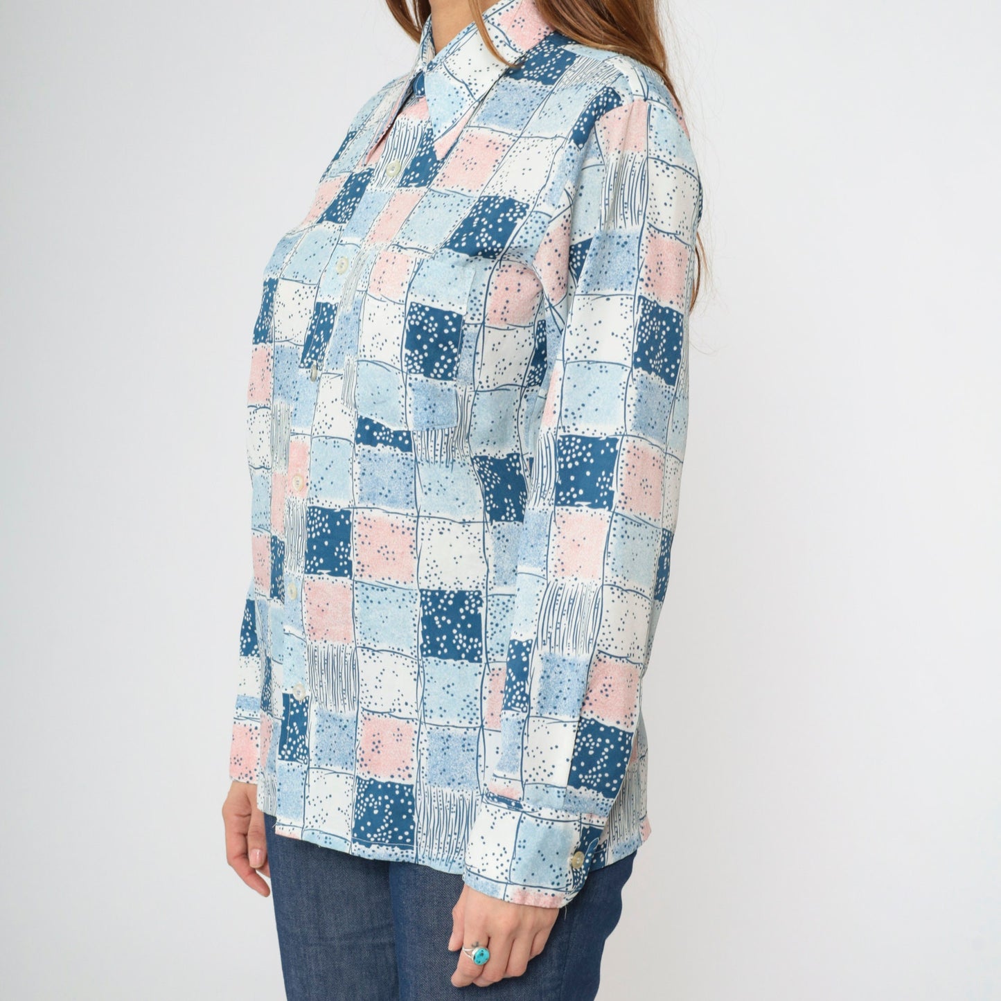 70s Checkered Button-Up Shirt Pink Blue Dagger Collar Long Sleeve Men's Medium
