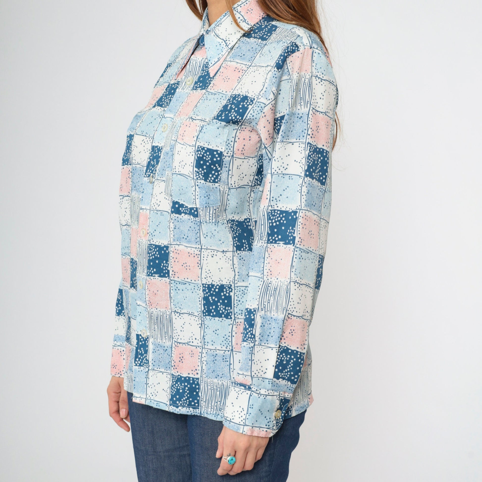 70s Checkered Button-Up Shirt Pink Blue Dagger Collar Long Sleeve Men's Medium