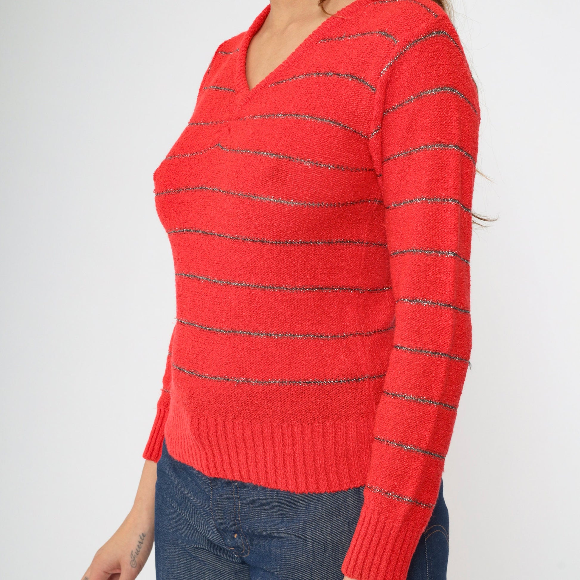 70s Metallic Striped Sweater Red Silver V-Neck Pullover Knit Small