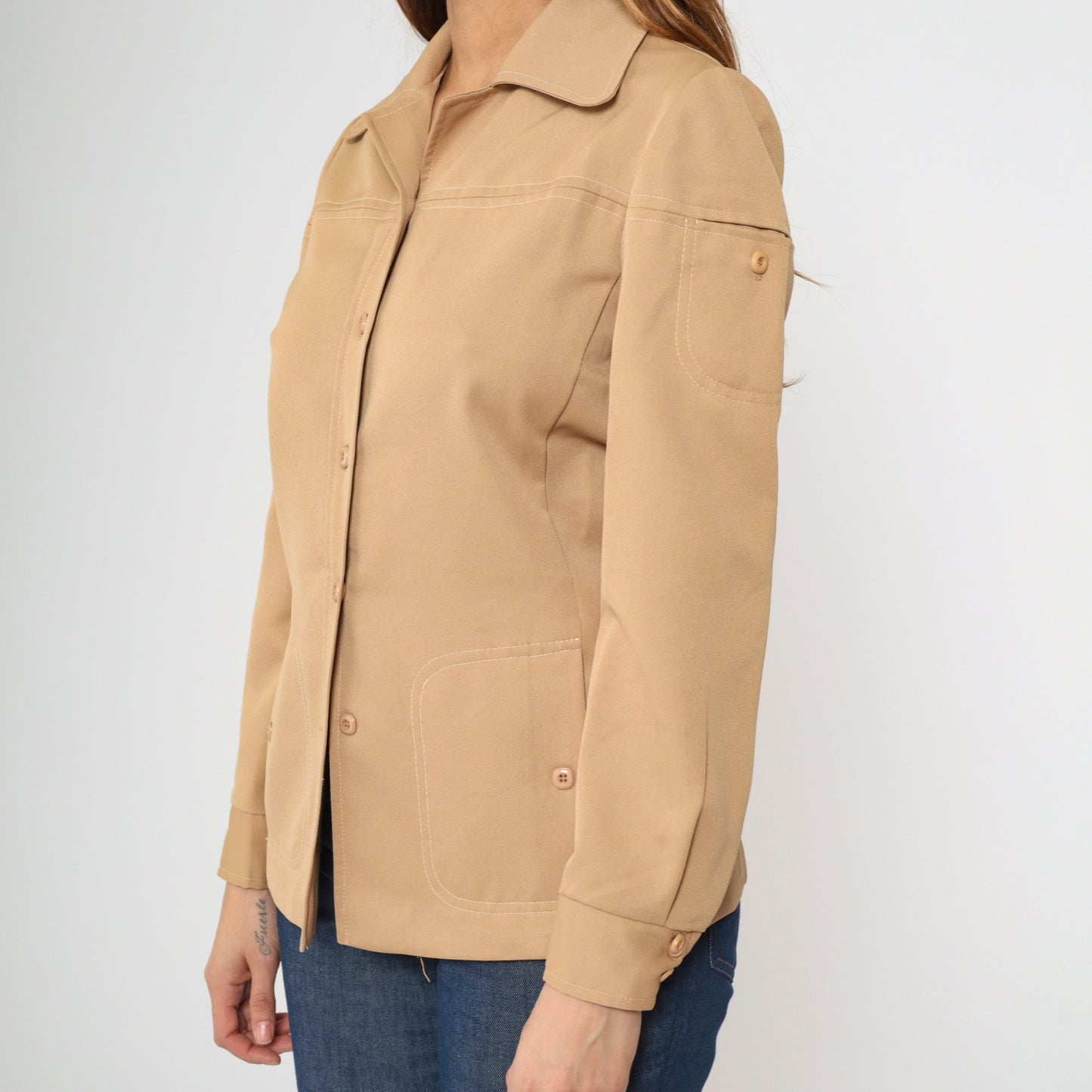 70s Tan Button-Up Blouse Dagger Collar Long Sleeve Pocket Shirt Small