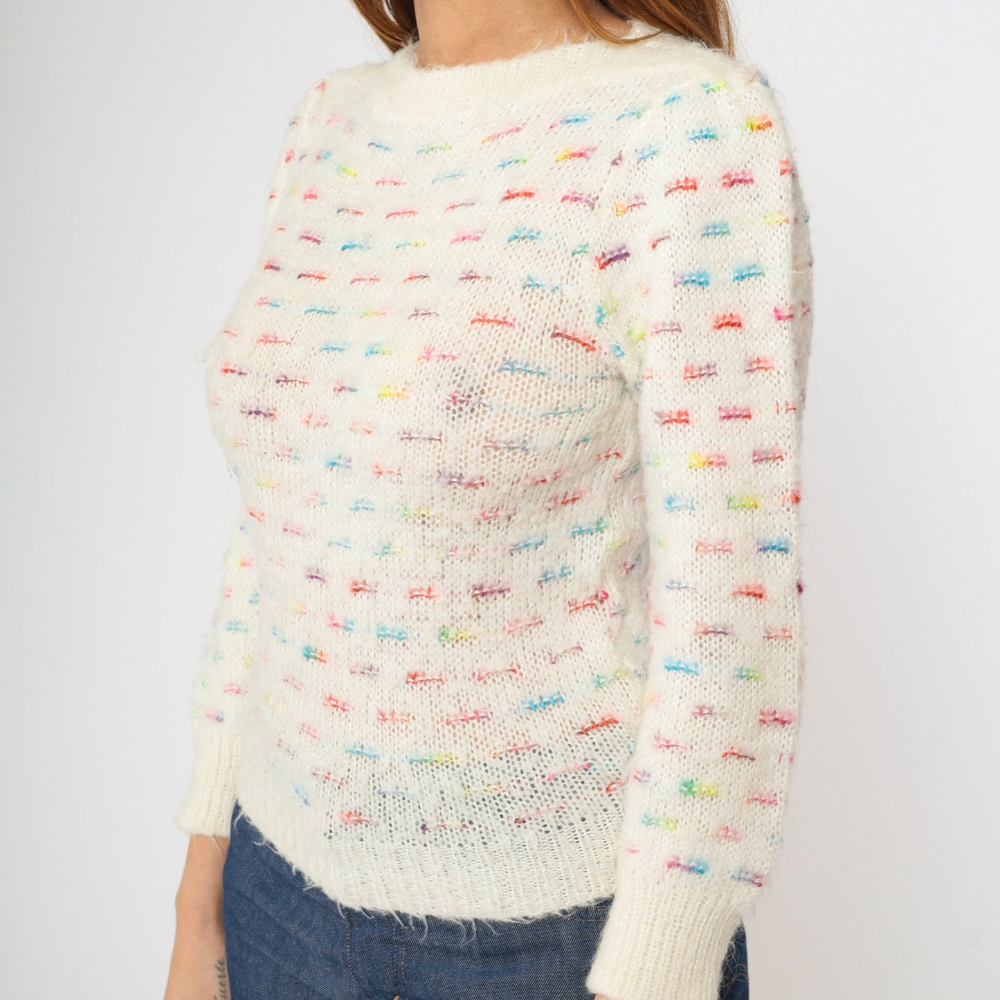 80s White Rainbow Striped Puff Sleeve Knit Sweater Boatneck Pullover XS