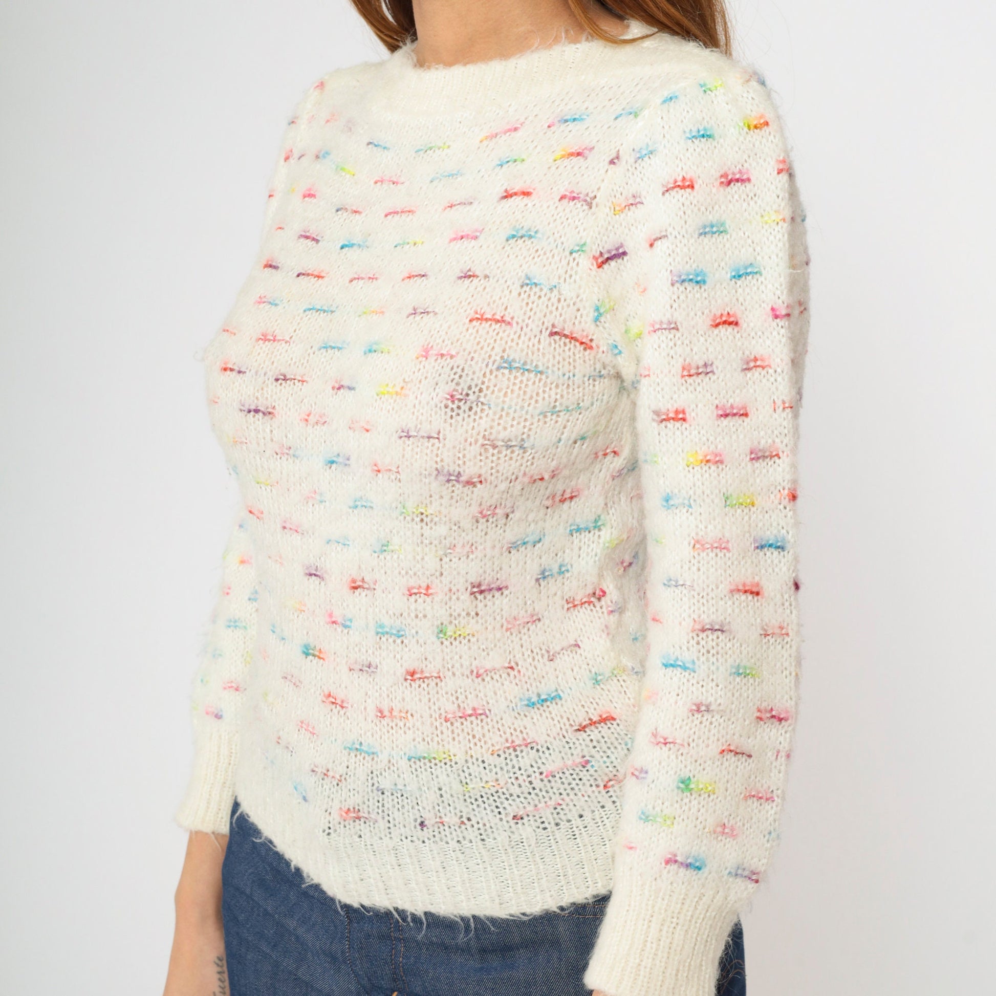 80s White Rainbow Striped Puff Sleeve Knit Sweater Boatneck Pullover XS