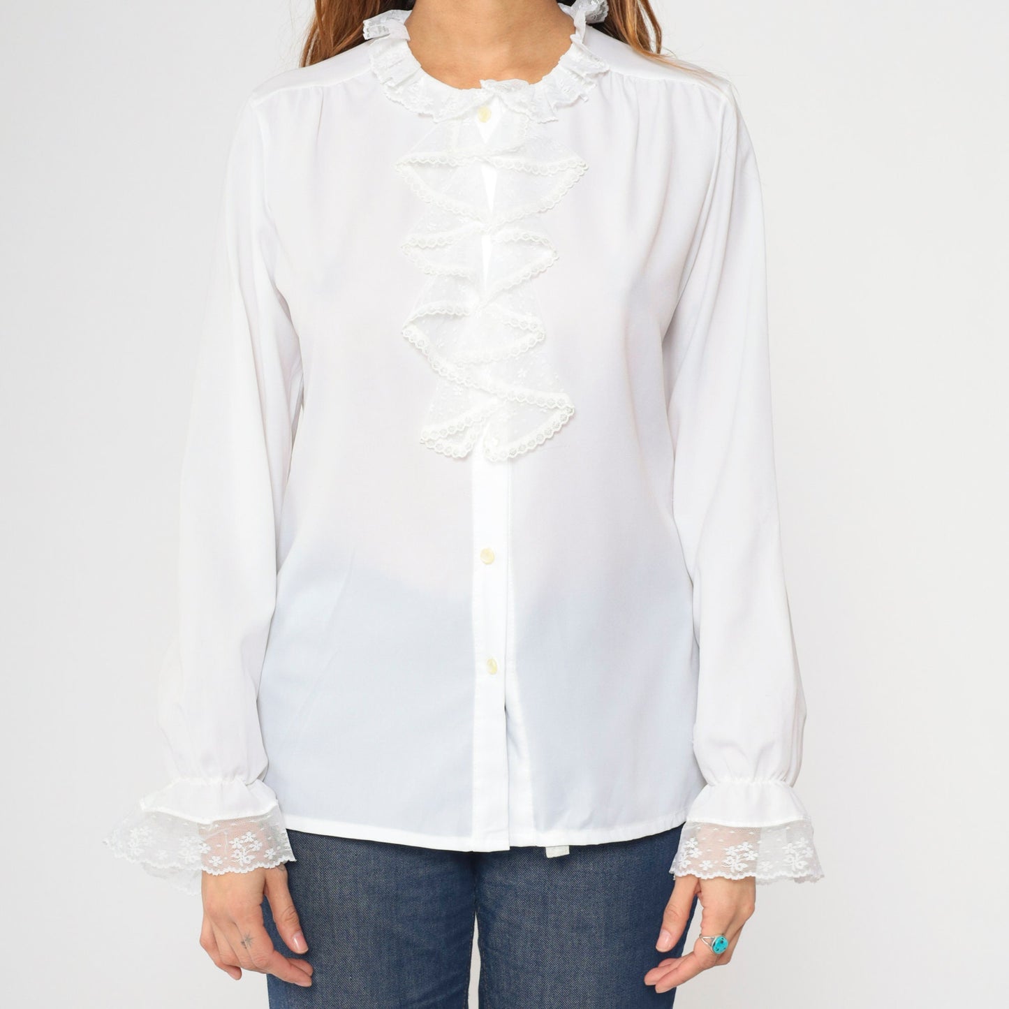 70s White Lace Jabot Blouse Long Sleeve Button Up Ruffle Neckline Medium
