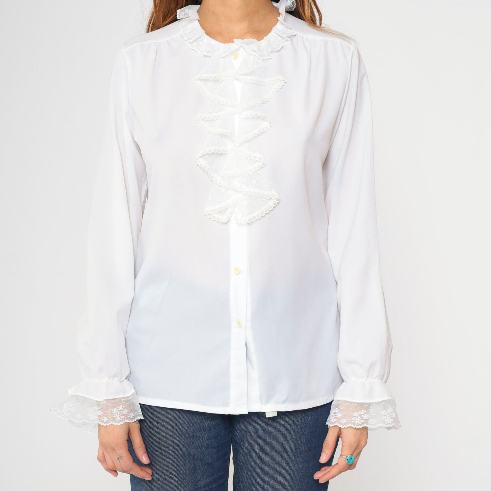 70s White Lace Jabot Blouse Long Sleeve Button Up Ruffle Neckline Medium