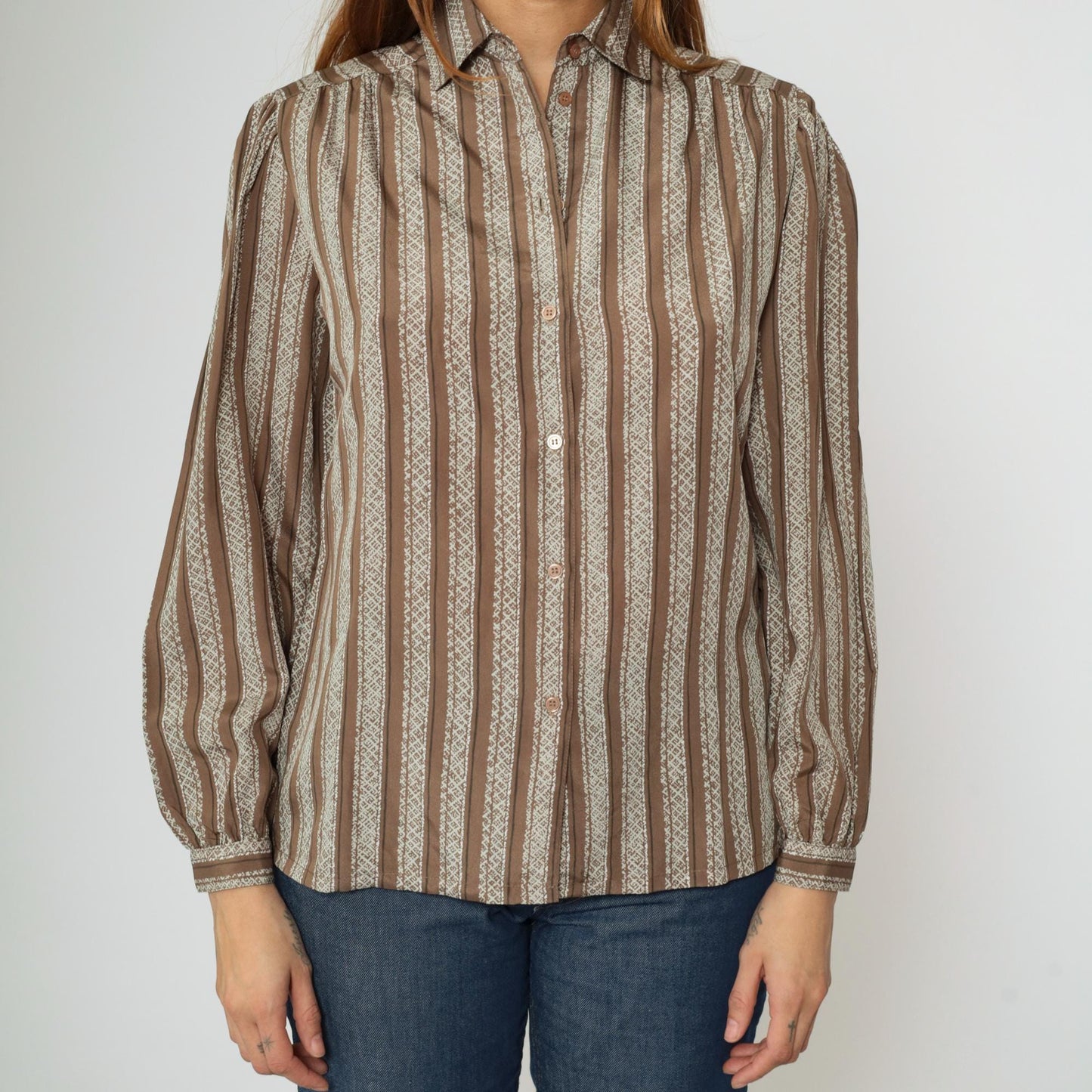 80s Brown & White Striped Puff Sleeve Blouse Collared Button Up Medium