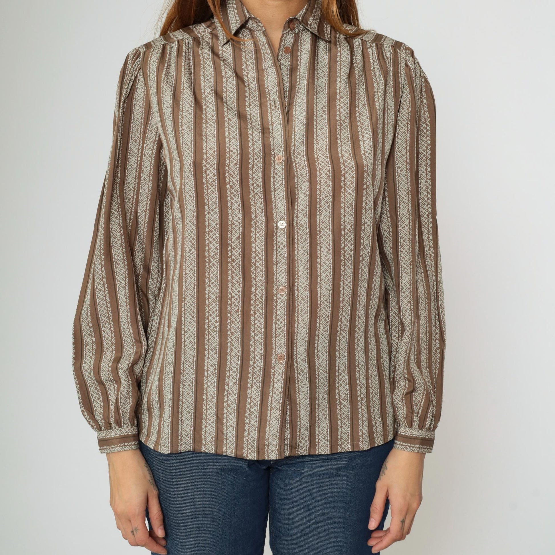 80s Brown & White Striped Puff Sleeve Blouse Collared Button Up Medium
