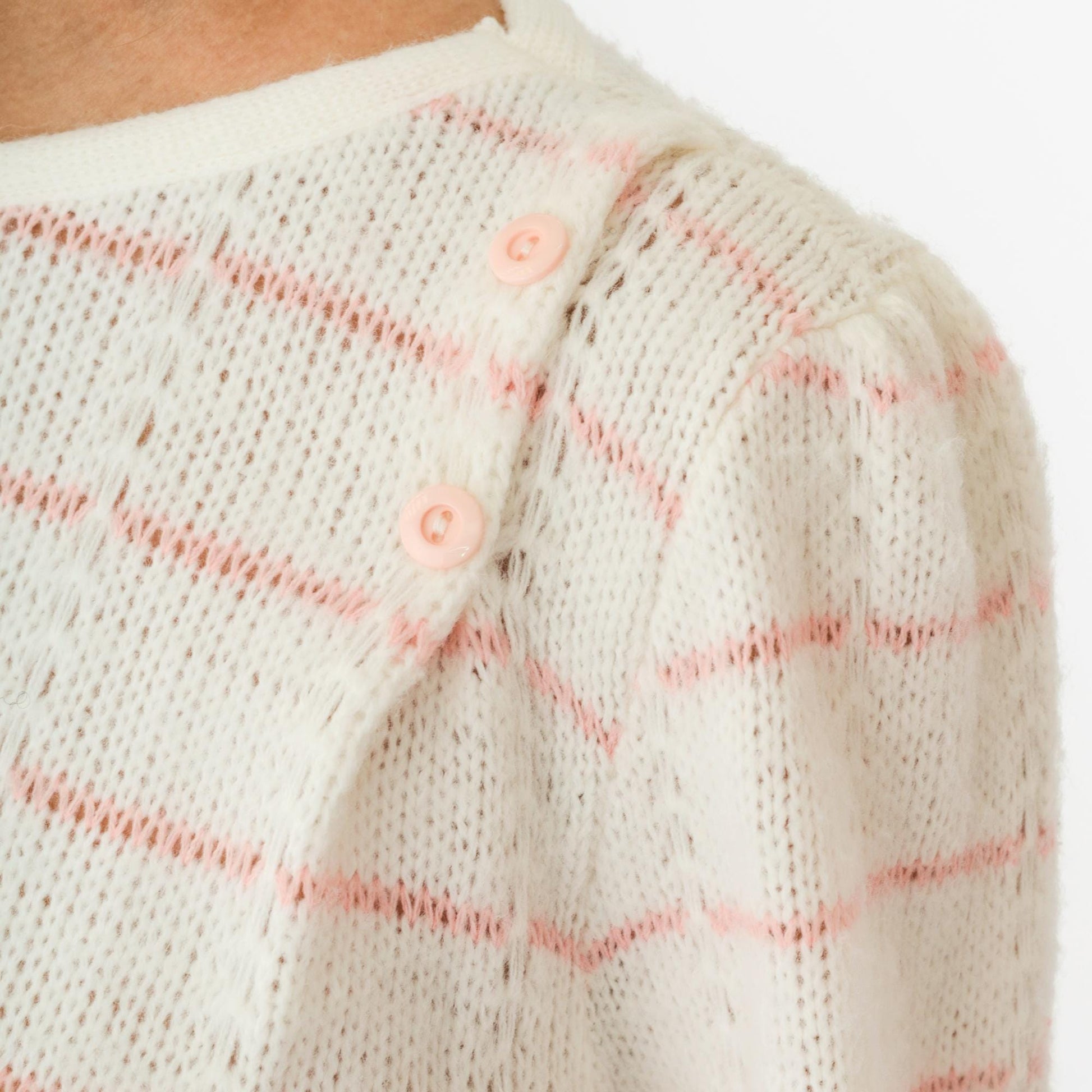 80s White Pink Striped Puff Sleeve Knit Sweater Boatneck Pullover Small Medium