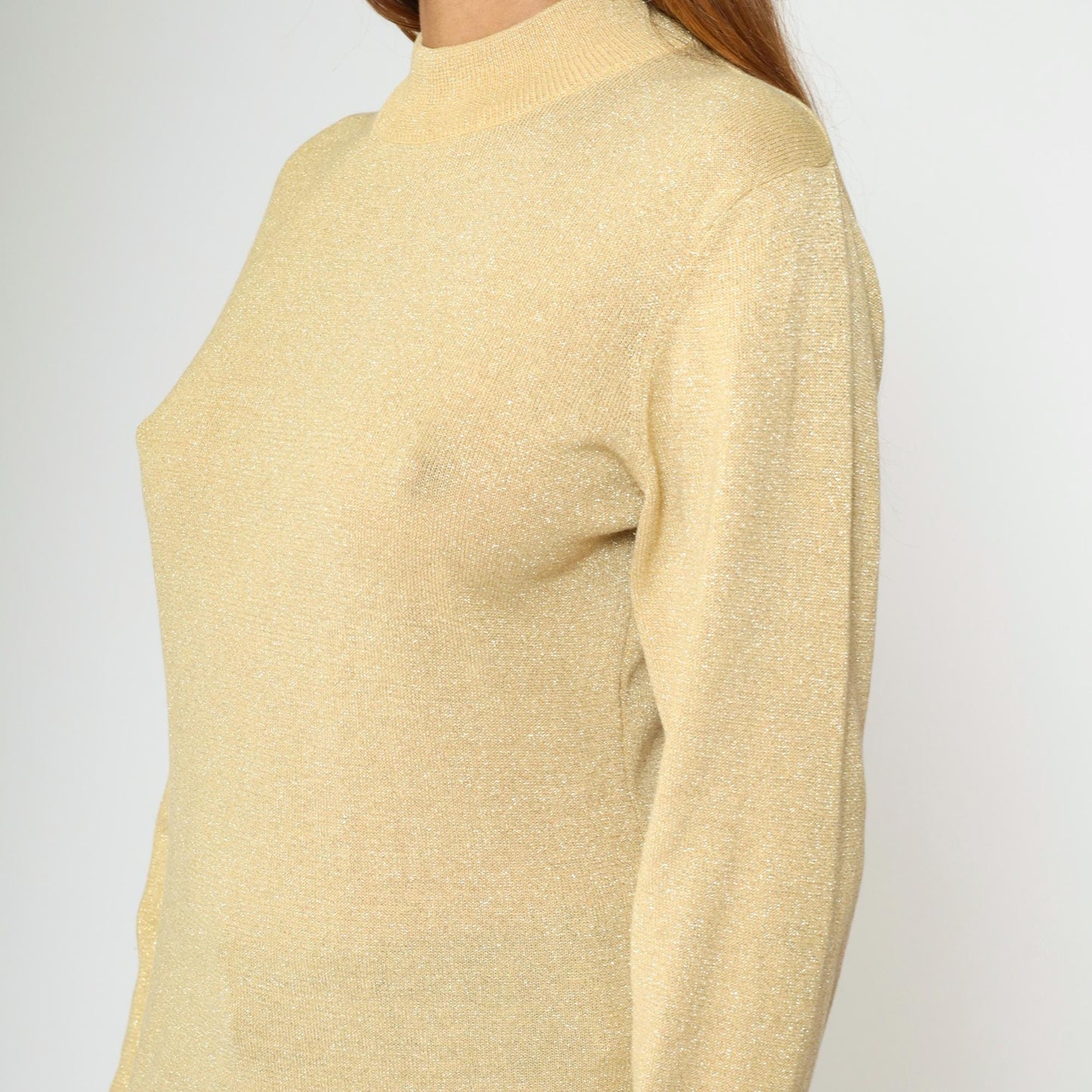 90s Metallic Gold Mock Neck Sweater Sparkly Knit Pullover Medium