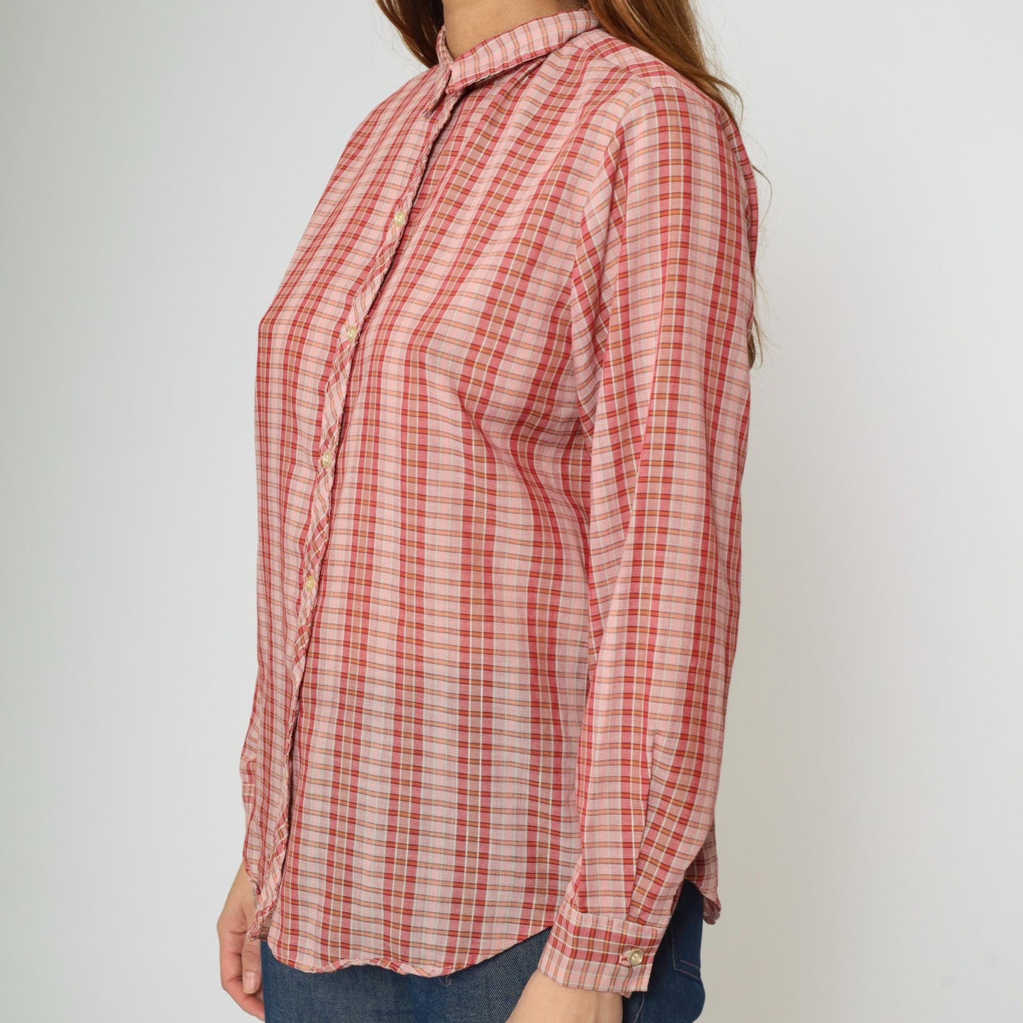 70s Pink Checkered Button-Up Blouse Long Sleeve Collar Sears Medium