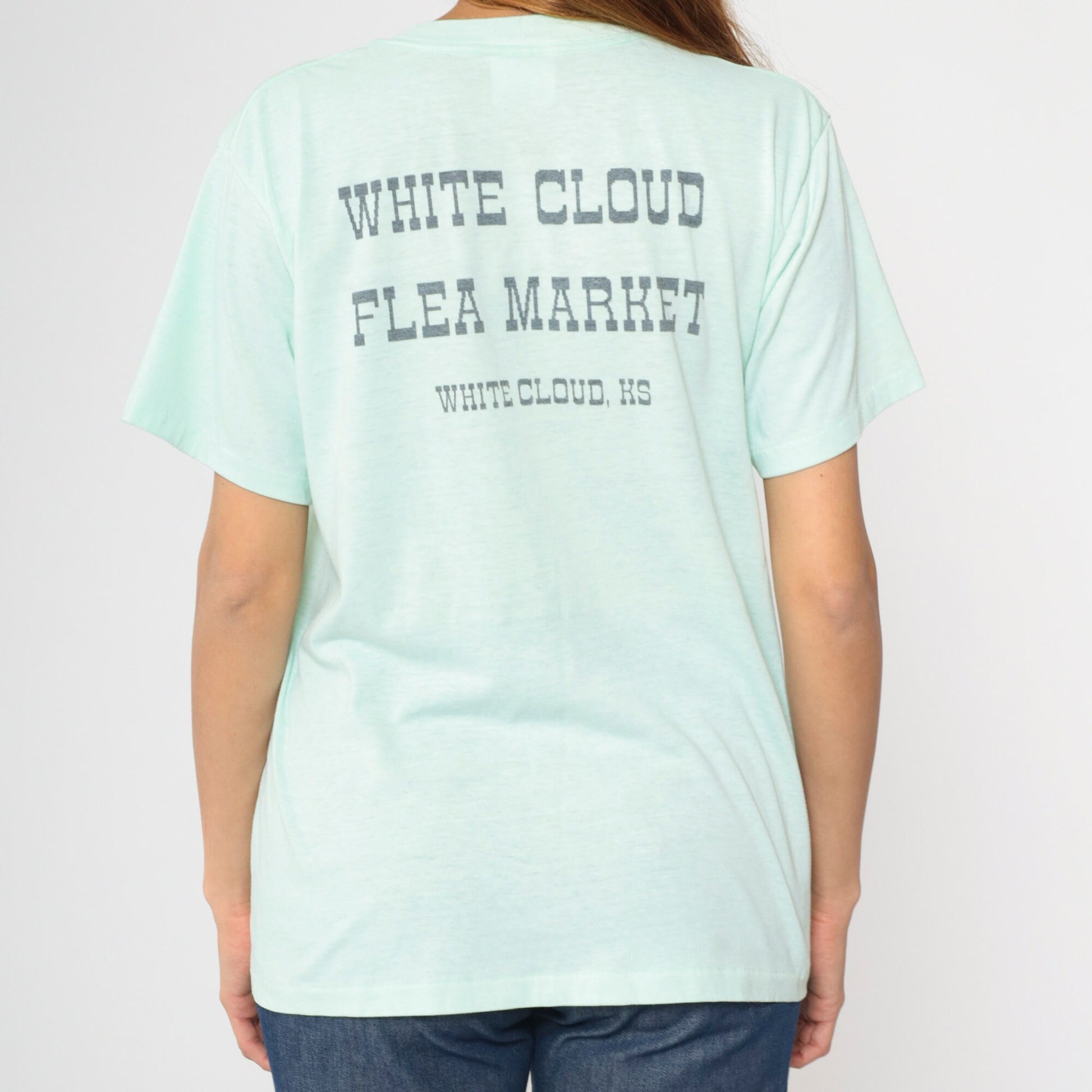 90s White Cloud Kansas Flea Market Graphic T-Shirt Mint Blue Single Stitch Medium