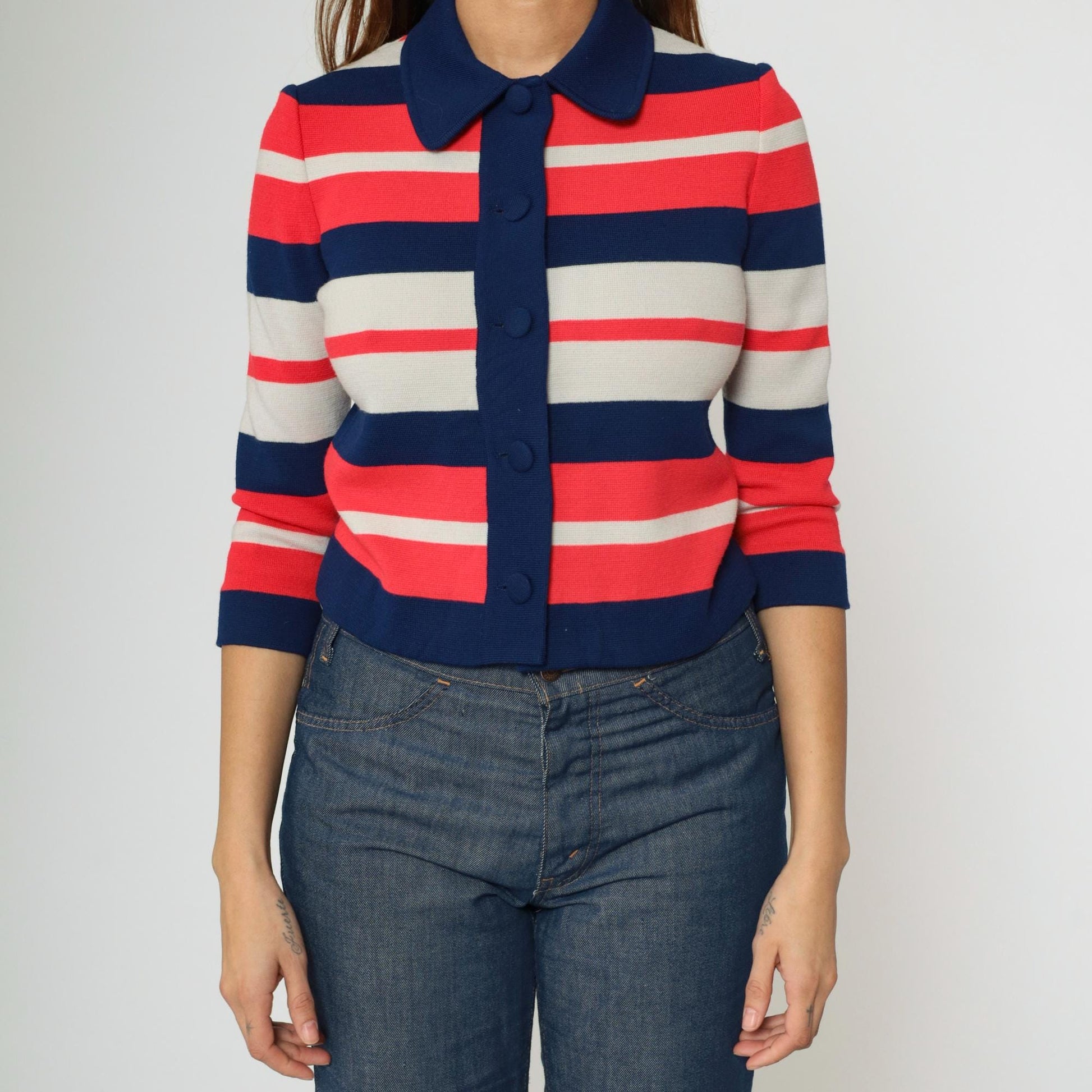 60s Striped Wool Cardigan Sweater Cropped Navy Pink White Small