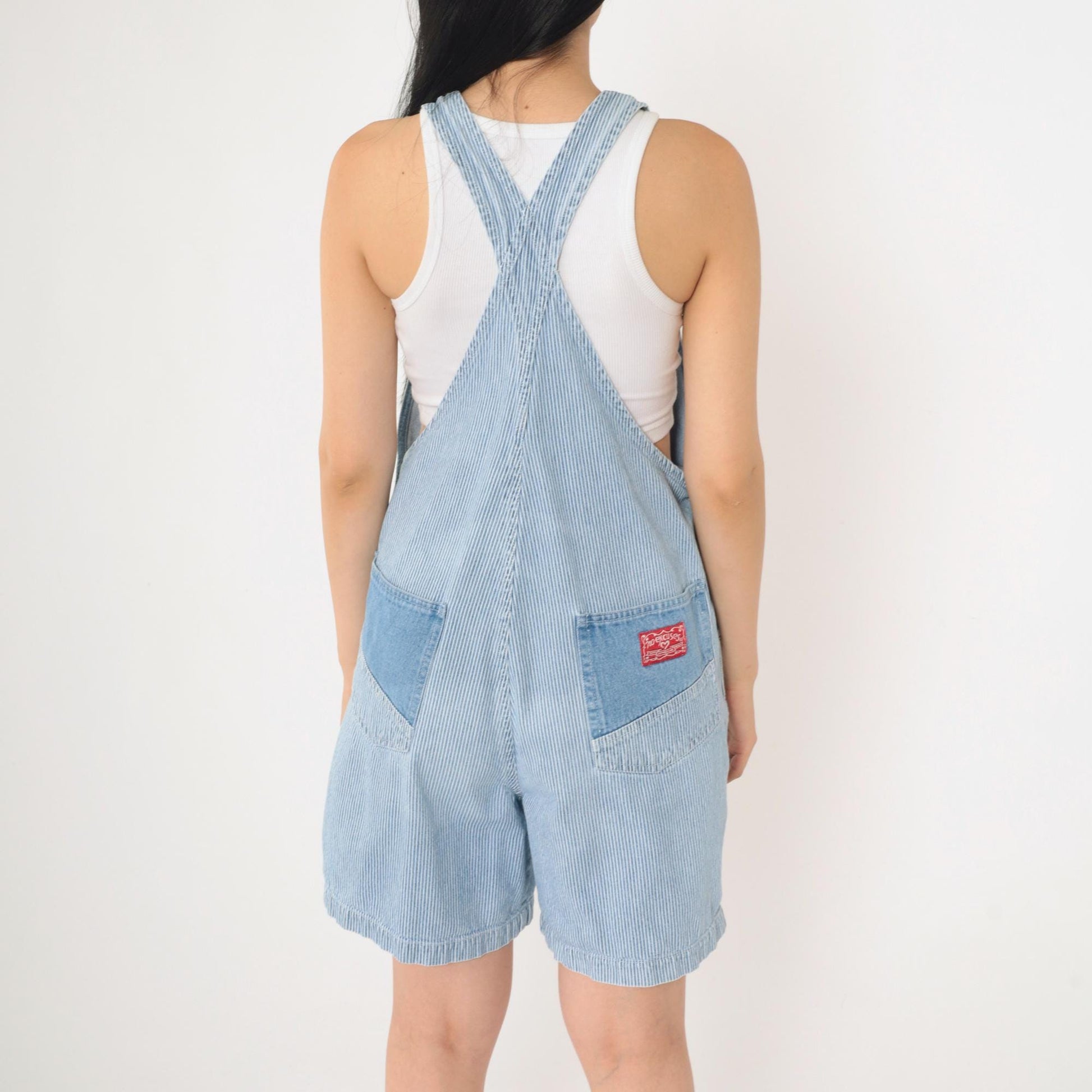 90s No Excuses Striped Denim Shortalls Blue White Hickory Bib Shorts Small