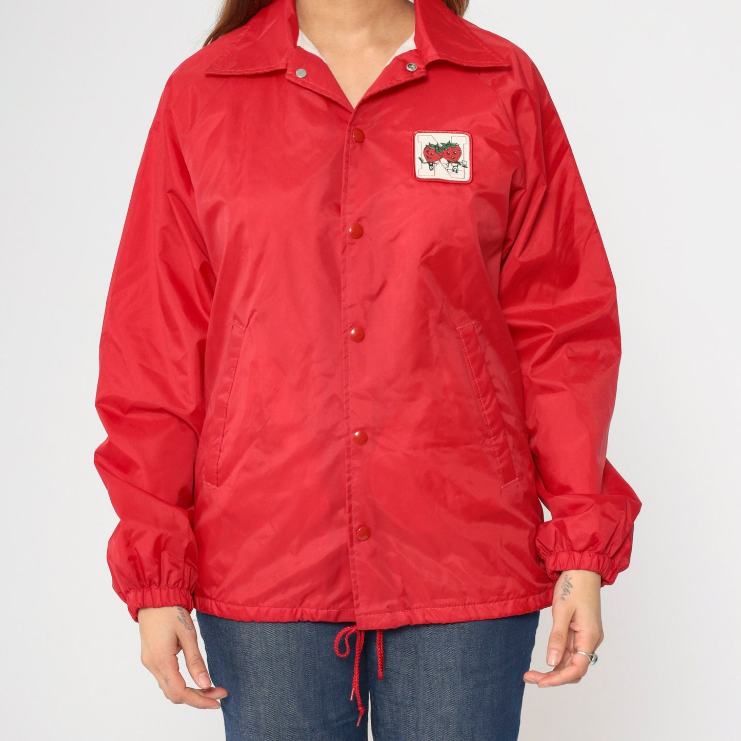 70s Red Windbreaker Jacket Snap Button N Strawberry Patch Small