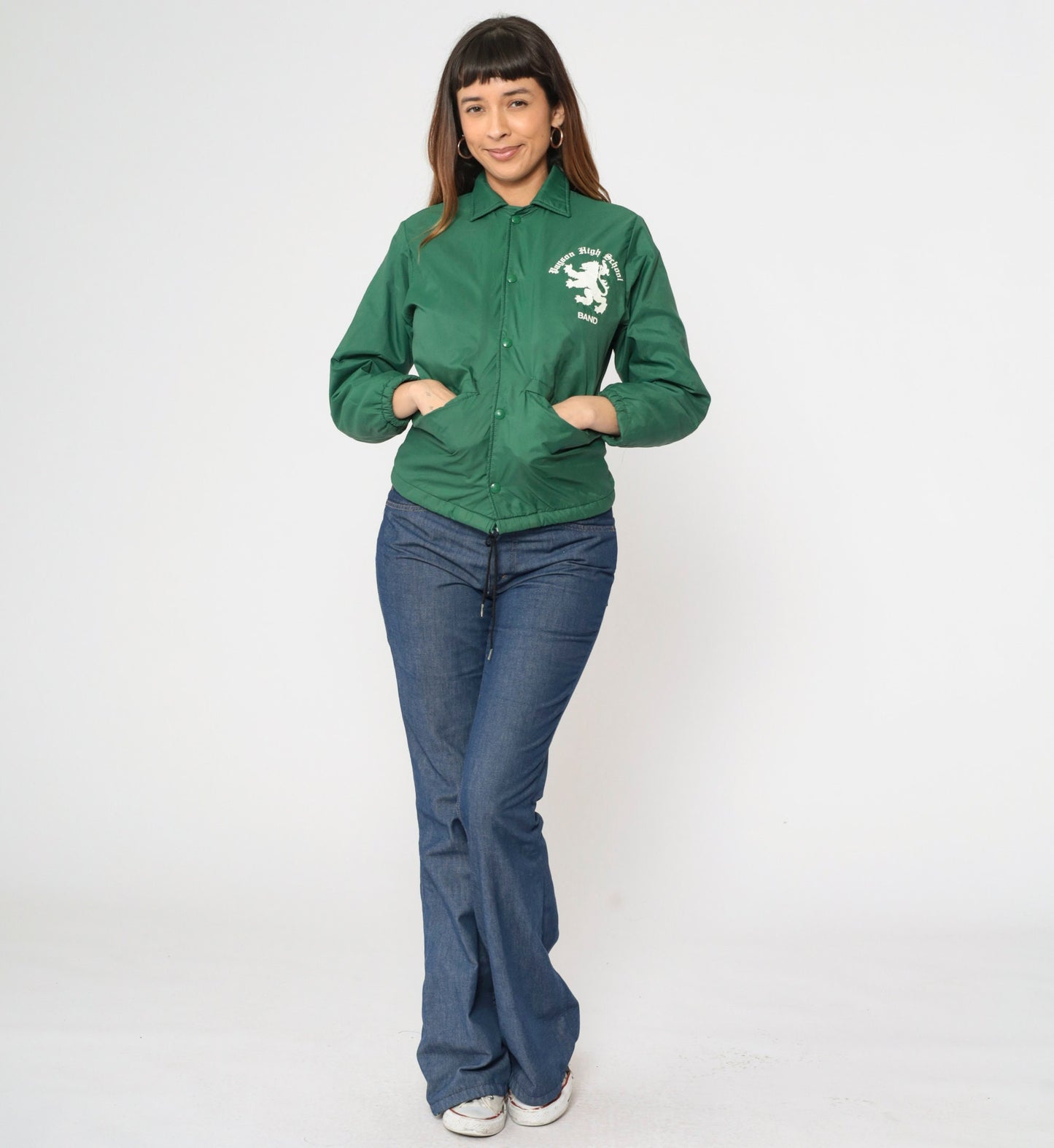 70s Payson High School Band Windbreaker Green Nylon Fleece Lined Youth Large