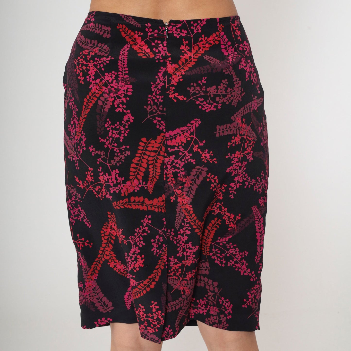 00s Floral Midi Skirt Black Pink High Waist Botanical Print Medium 8