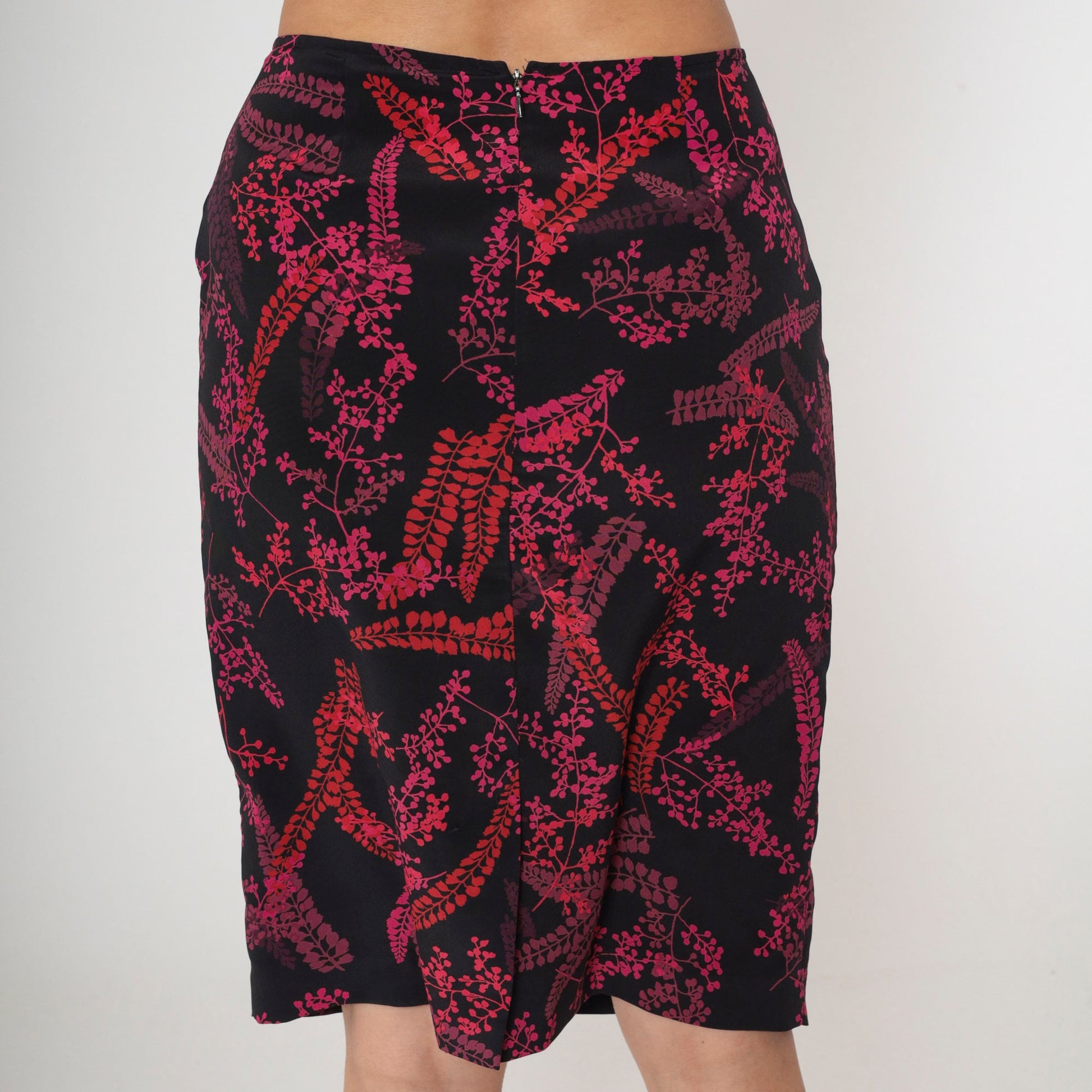 00s Floral Midi Skirt Black Pink High Waist Botanical Print Medium 8